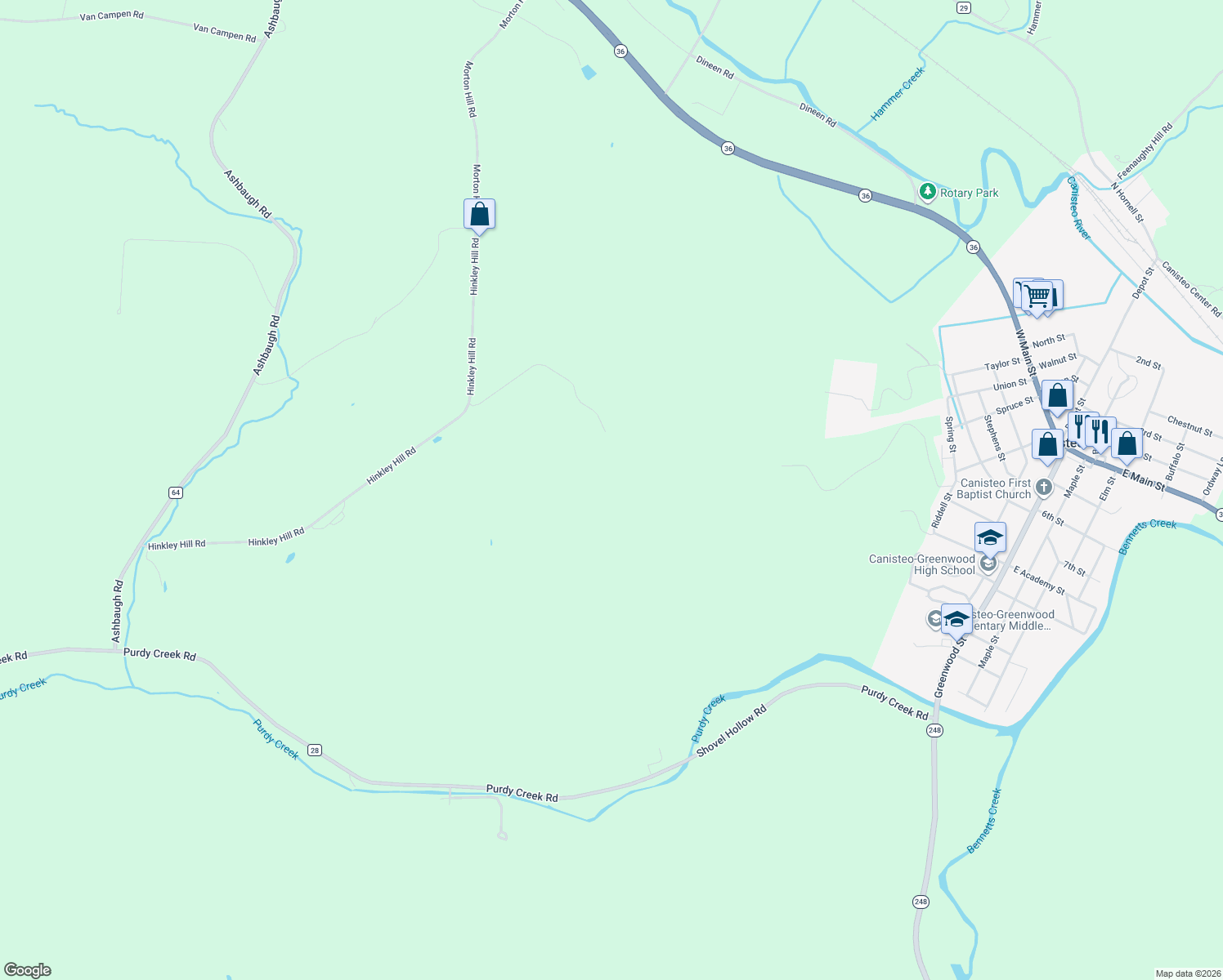 map of restaurants, bars, coffee shops, grocery stores, and more near 1762 Brush Road in Hornell