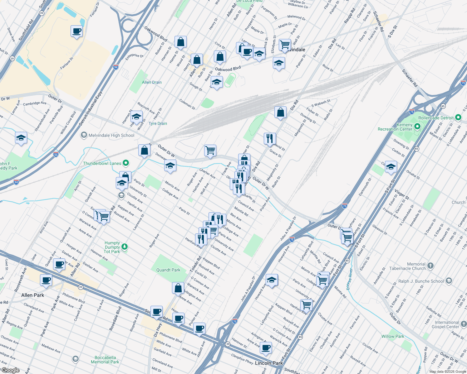 map of restaurants, bars, coffee shops, grocery stores, and more near 2090 Charter Street in Lincoln Park