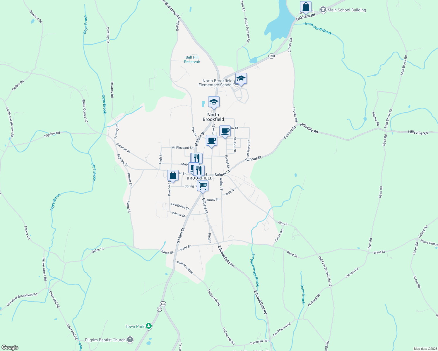 map of restaurants, bars, coffee shops, grocery stores, and more near 58 School St in North Brookfield
