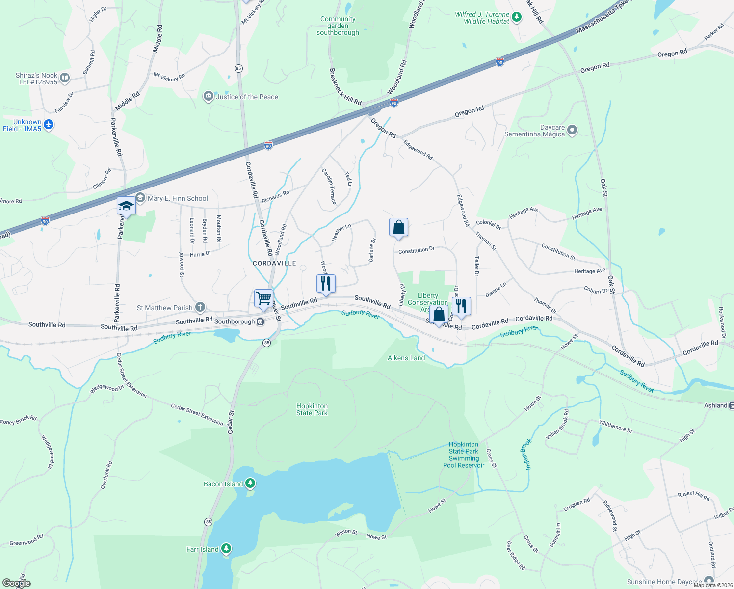map of restaurants, bars, coffee shops, grocery stores, and more near 47 Southville Road in Southborough