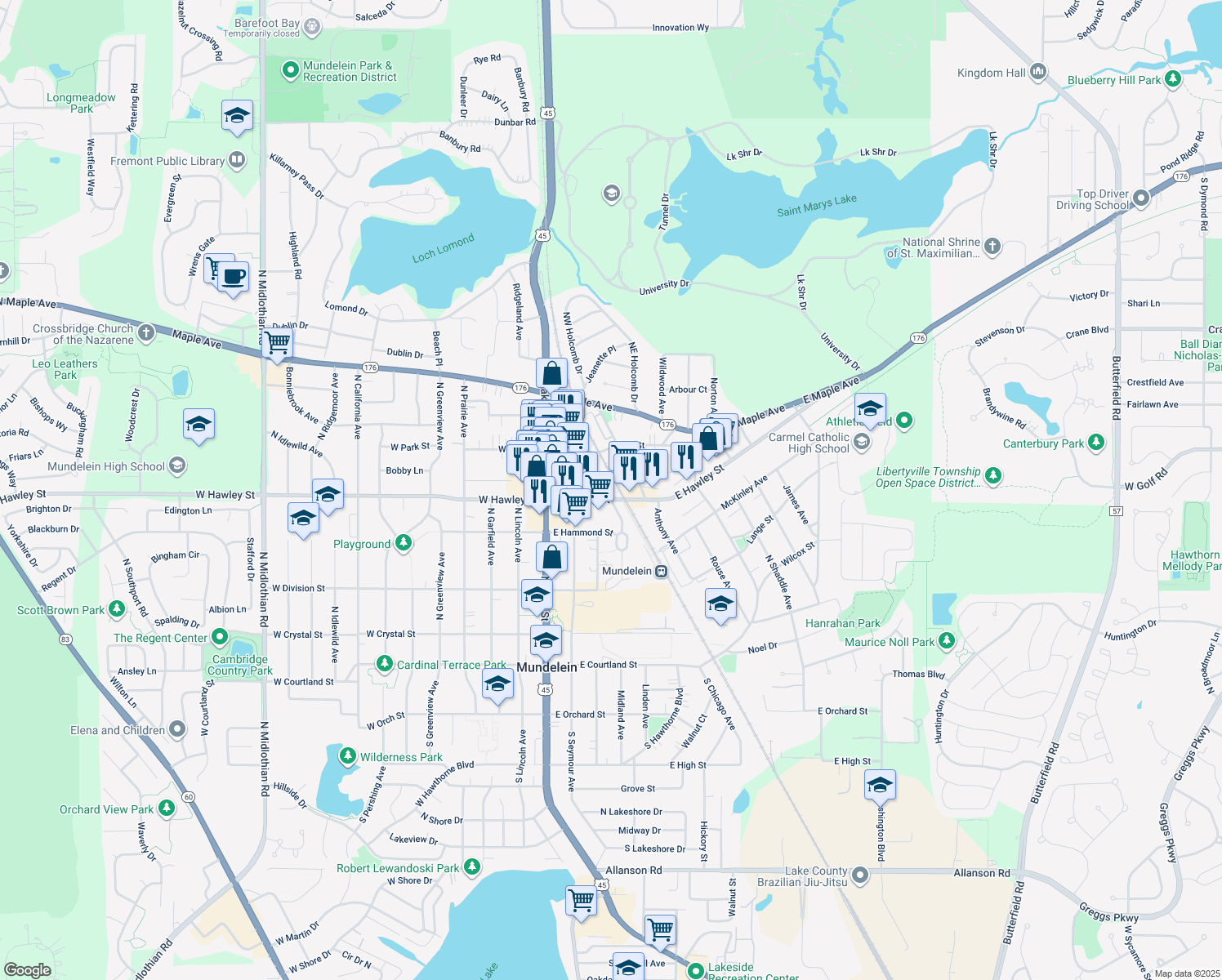 map of restaurants, bars, coffee shops, grocery stores, and more near 409 North Chicago Avenue in Mundelein