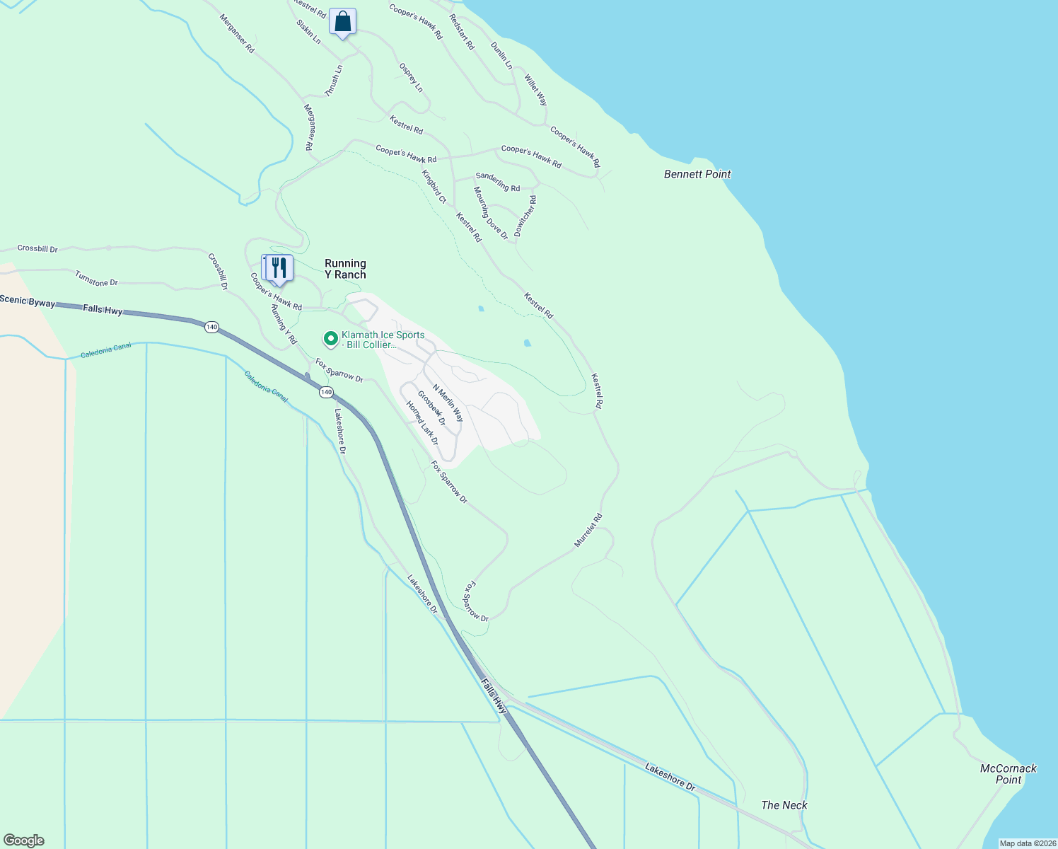 map of restaurants, bars, coffee shops, grocery stores, and more near 4617 Marsh Hawk Drive in Klamath Falls