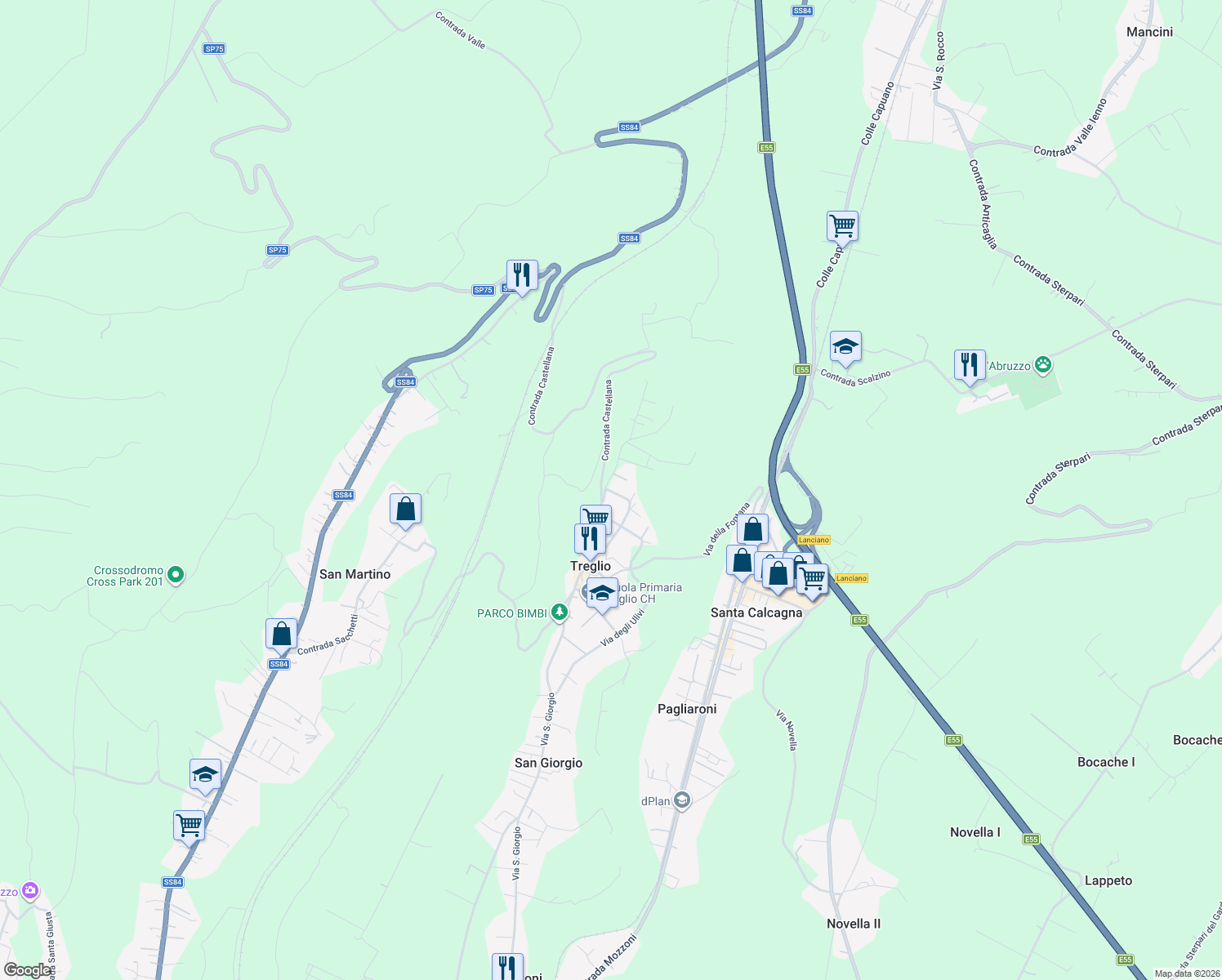 map of restaurants, bars, coffee shops, grocery stores, and more near 82 Via Casinò in Treglio