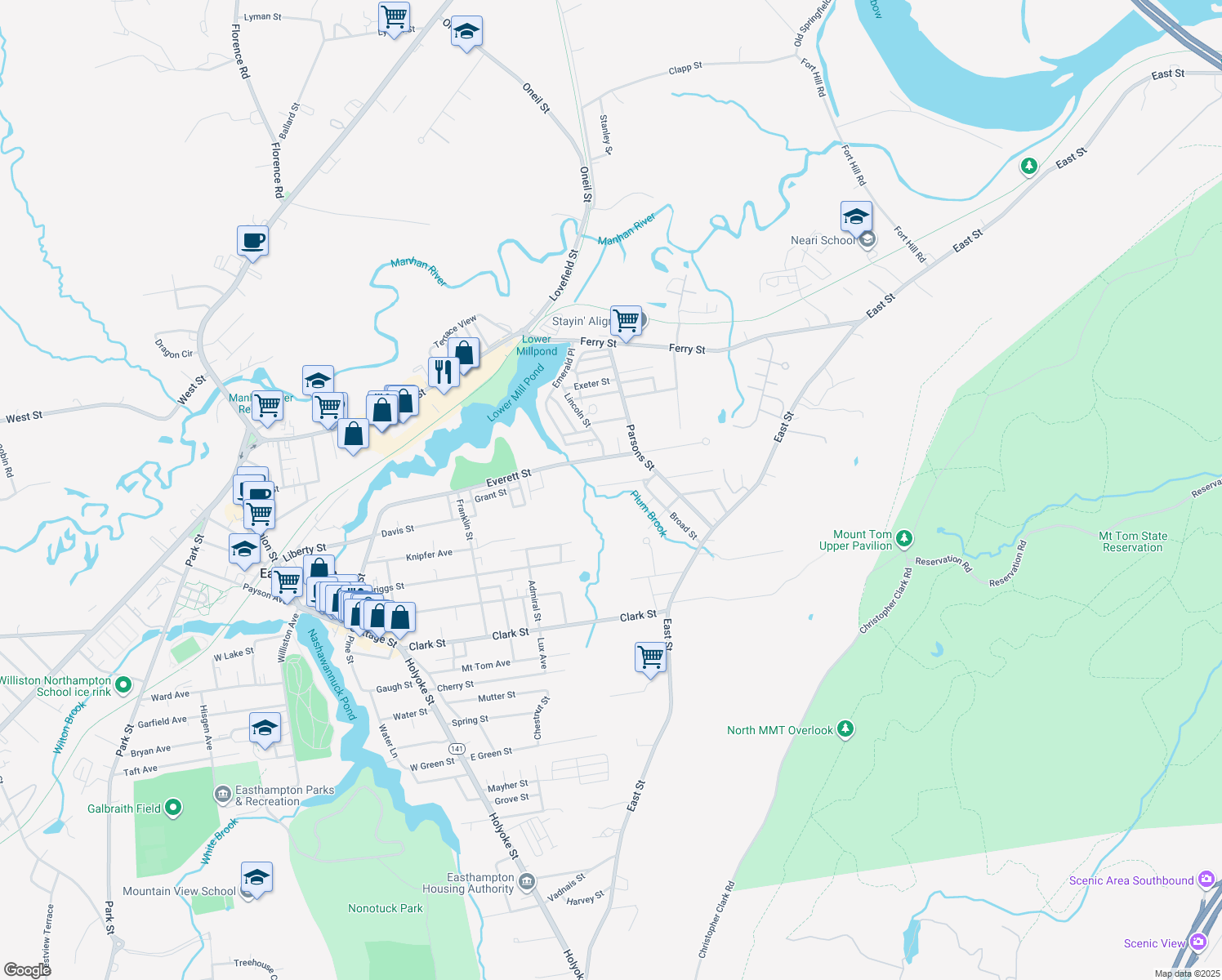 map of restaurants, bars, coffee shops, grocery stores, and more near 24 1st Avenue in Easthampton