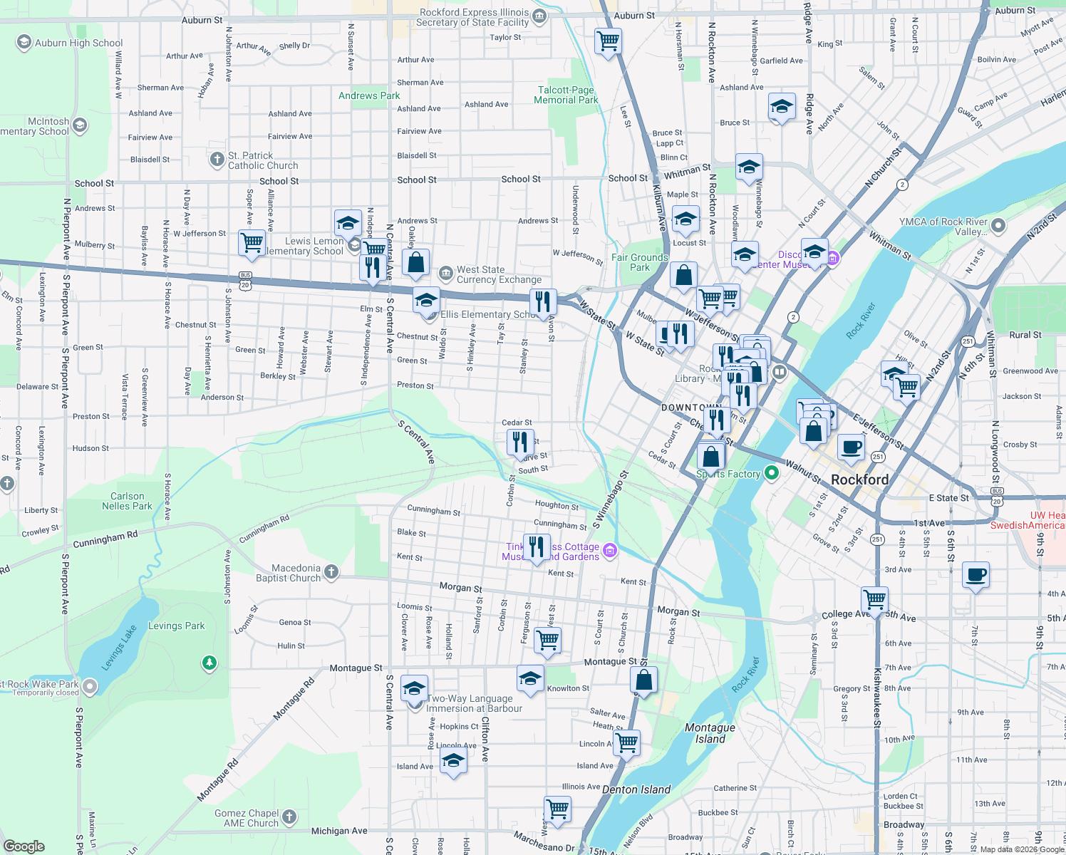 map of restaurants, bars, coffee shops, grocery stores, and more near 1126 Cedar Street in Rockford