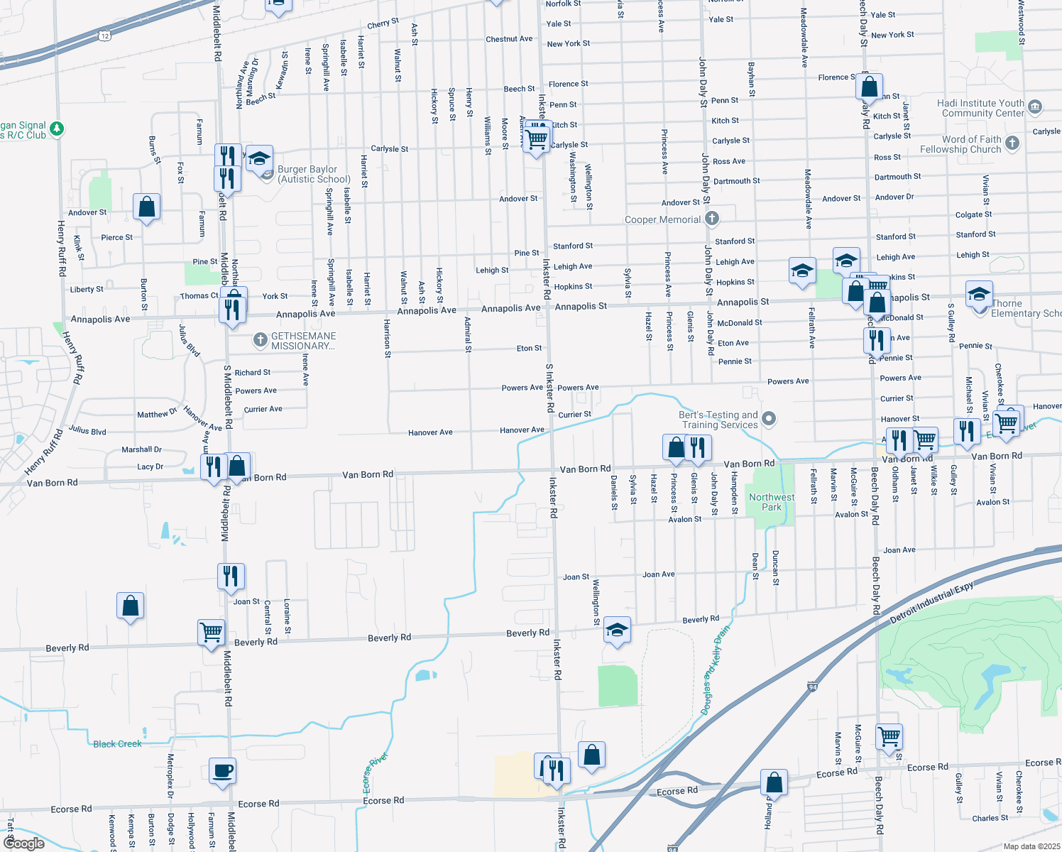 map of restaurants, bars, coffee shops, grocery stores, and more near 27474 Hanover Boulevard in Westland