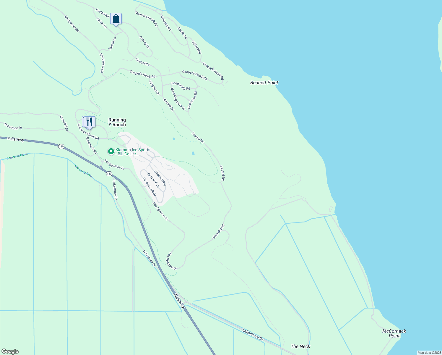 map of restaurants, bars, coffee shops, grocery stores, and more near 9522 Kestrel Road in Klamath Falls