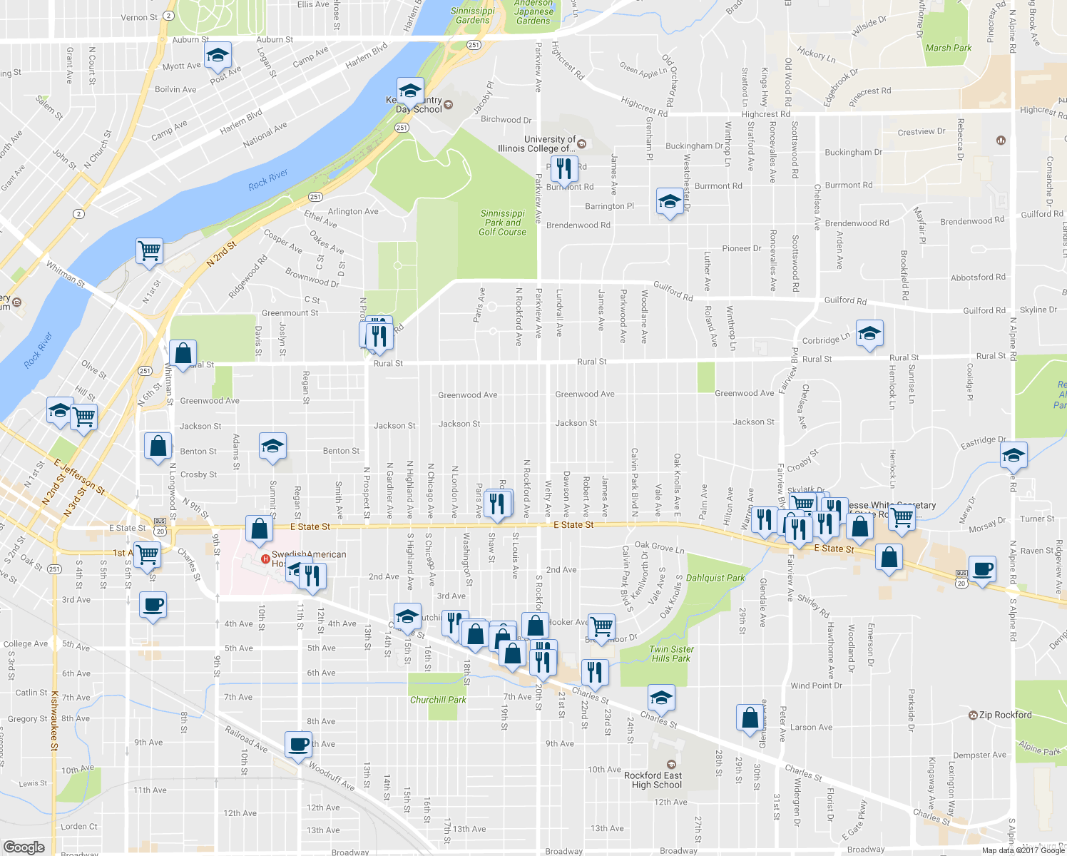map of restaurants, bars, coffee shops, grocery stores, and more near 429 North Rockford Avenue in Rockford