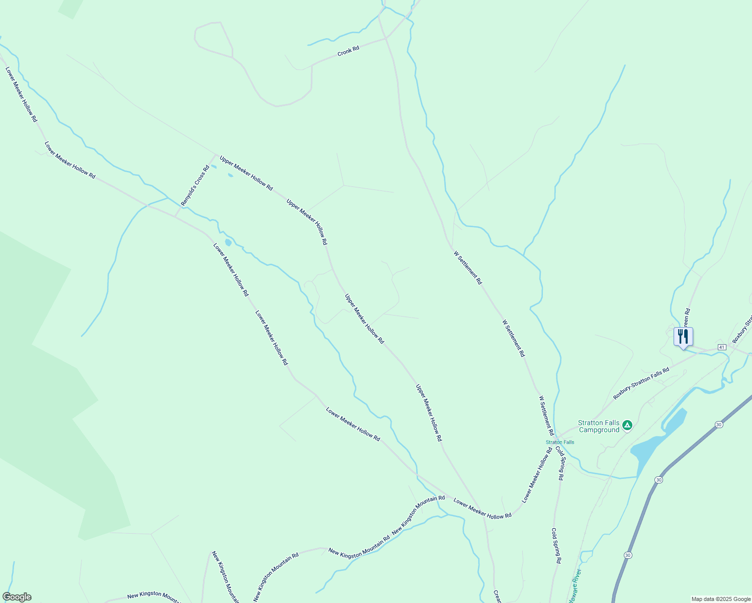 map of restaurants, bars, coffee shops, grocery stores, and more near 1134 Upper Meeker Hollow Road in Roxbury