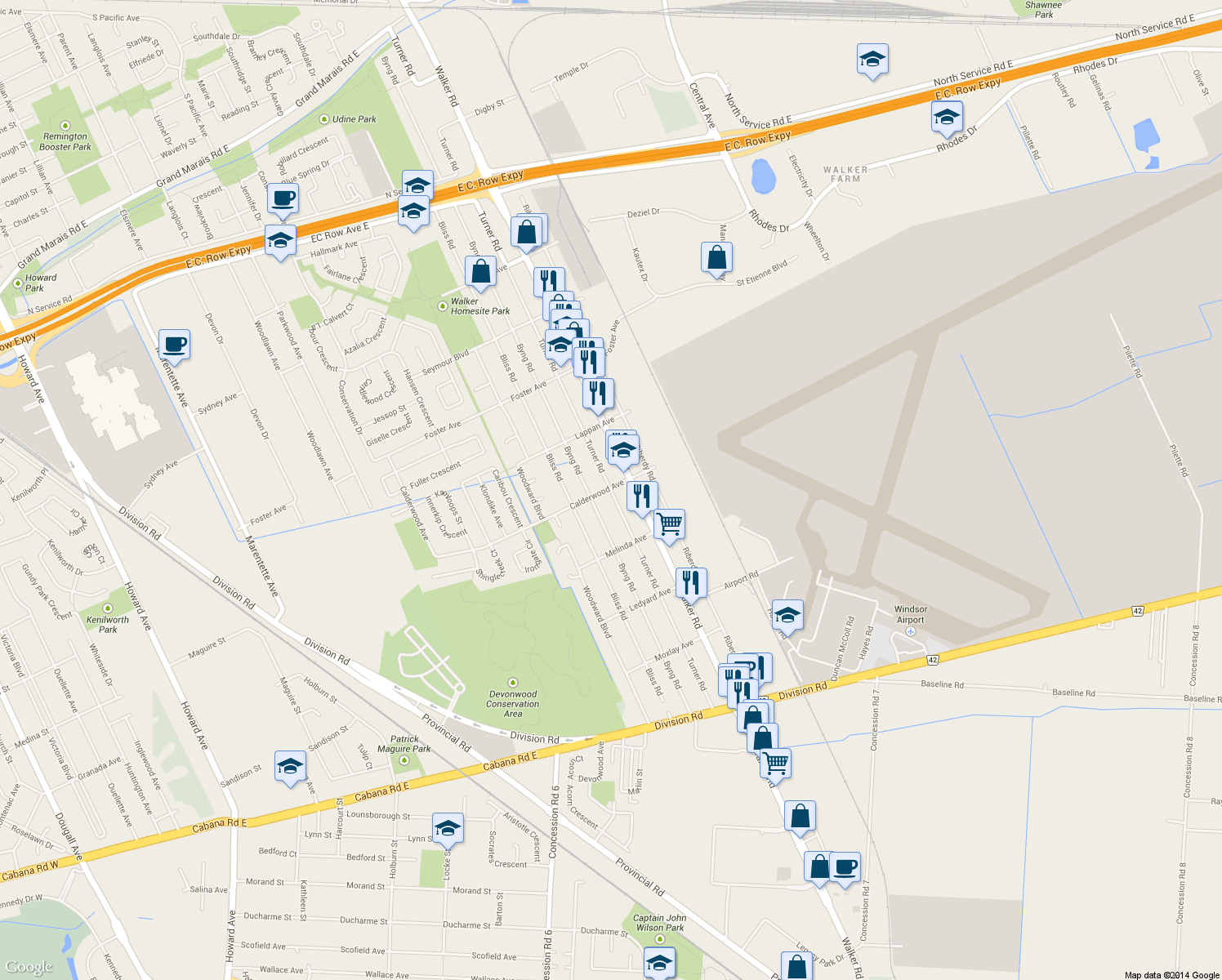 map of restaurants, bars, coffee shops, grocery stores, and more near 3600 Turner Road in Windsor