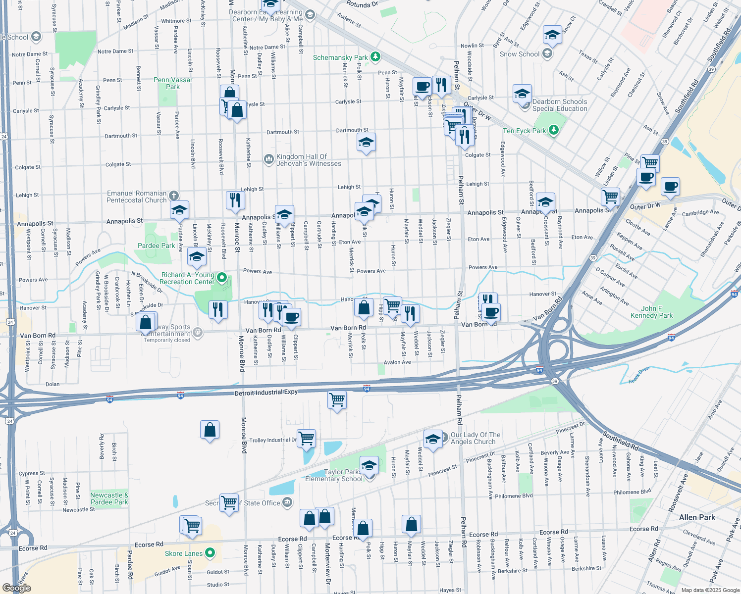 map of restaurants, bars, coffee shops, grocery stores, and more near 5425 Polk Street in Dearborn Heights