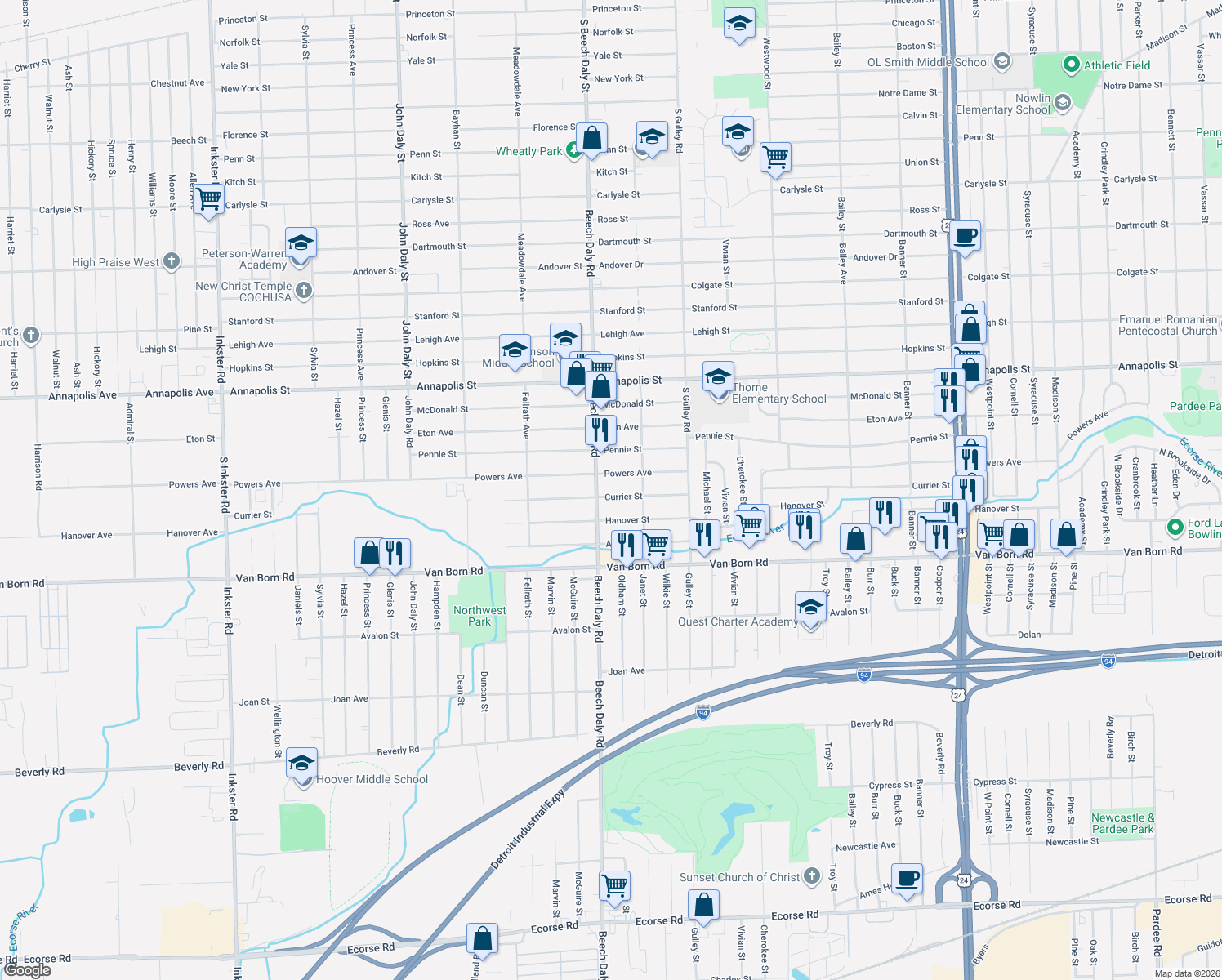 map of restaurants, bars, coffee shops, grocery stores, and more near 25720 Currier Street in Dearborn Heights