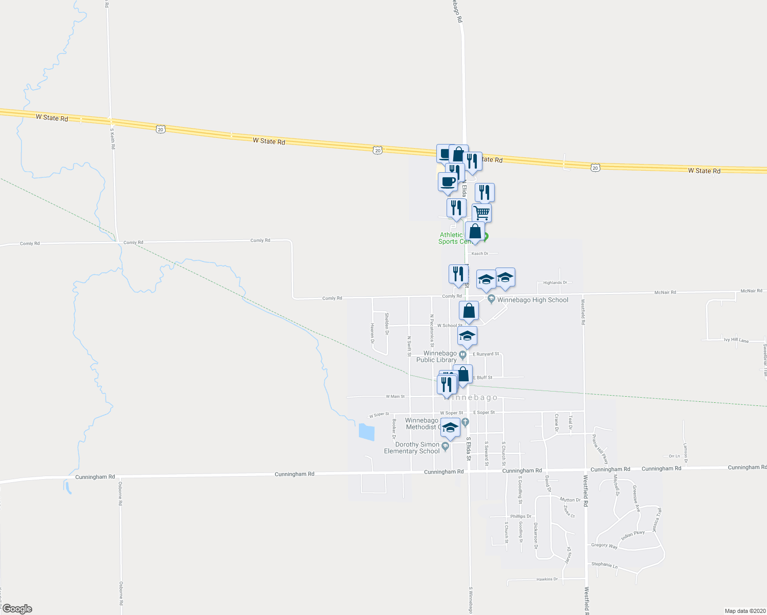 map of restaurants, bars, coffee shops, grocery stores, and more near 413 Shelden Drive in Winnebago