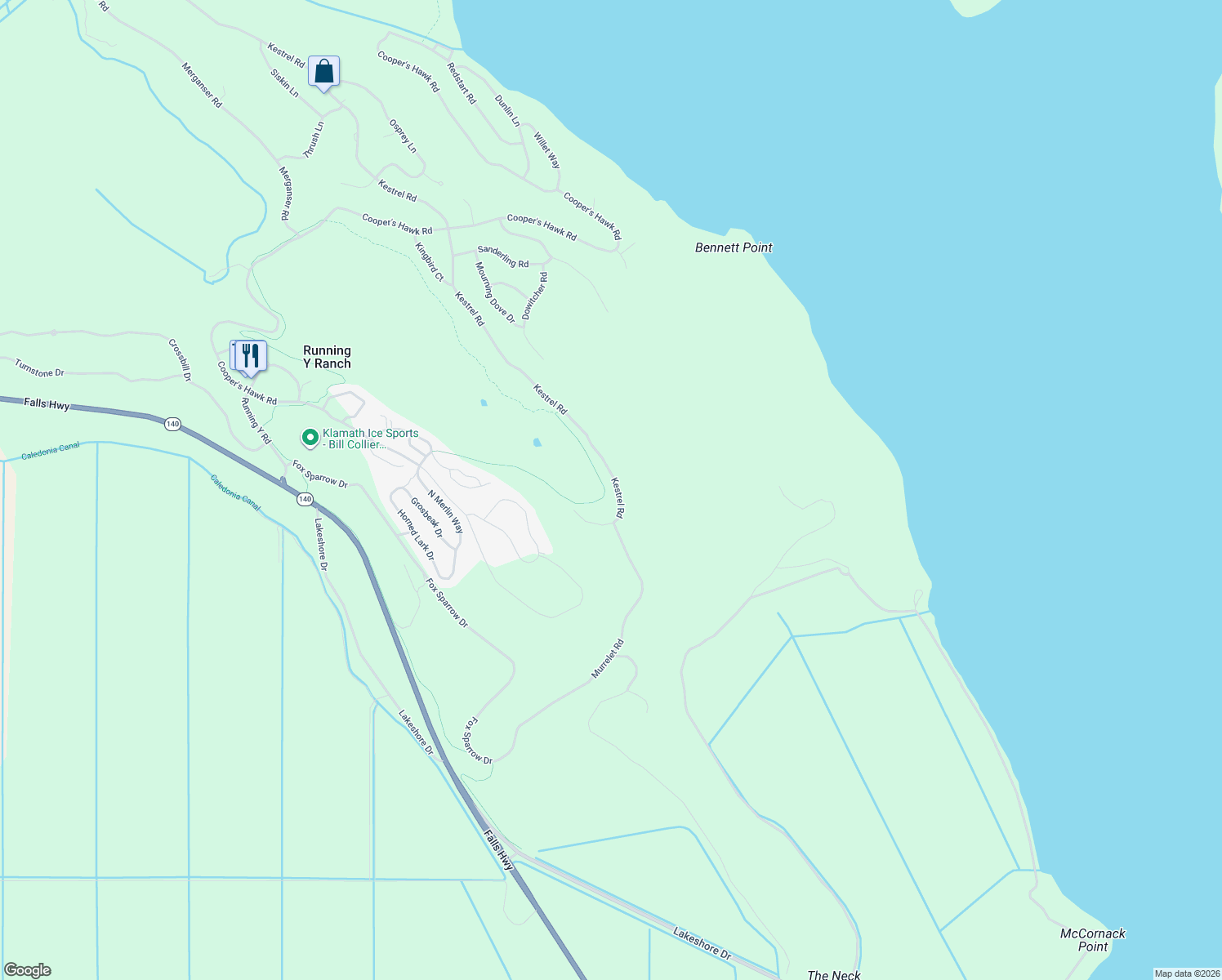 map of restaurants, bars, coffee shops, grocery stores, and more near 9522 Kestrel Road in Klamath Falls