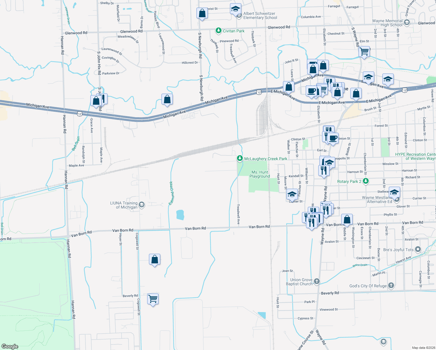 map of restaurants, bars, coffee shops, grocery stores, and more near 37145 Bendix Street in Wayne