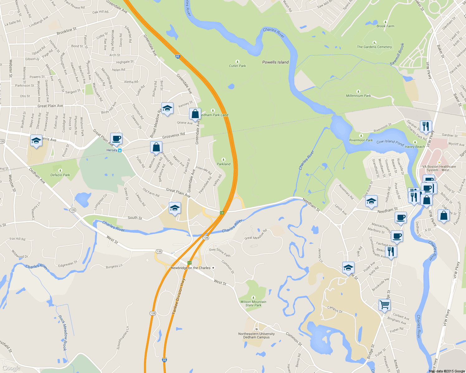 map of restaurants, bars, coffee shops, grocery stores, and more near Yankee Division Hwy in Needham
