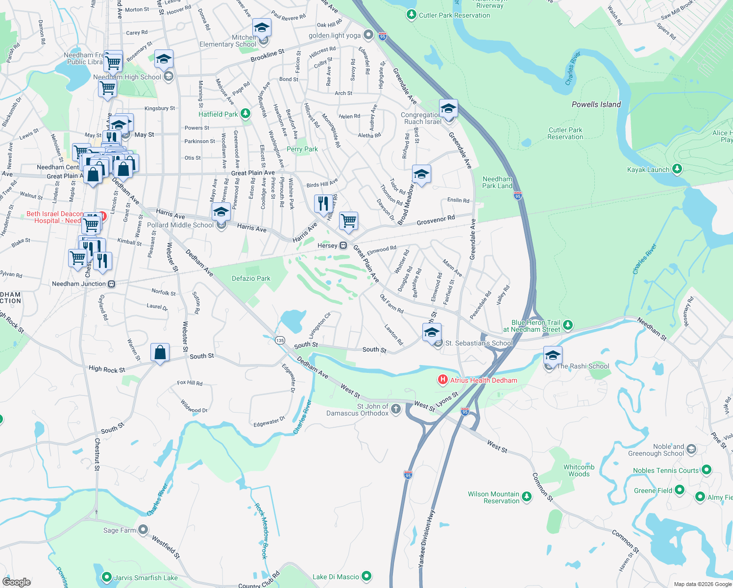 map of restaurants, bars, coffee shops, grocery stores, and more near 28 Green Street in Needham