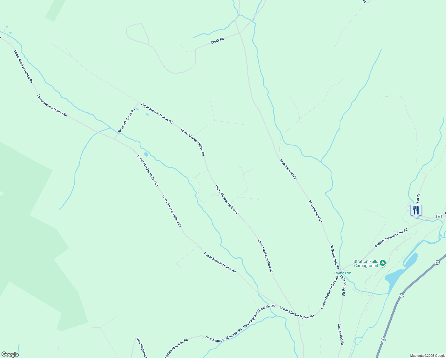 map of restaurants, bars, coffee shops, grocery stores, and more near 1134 Upper Meeker Hollow Road in Roxbury