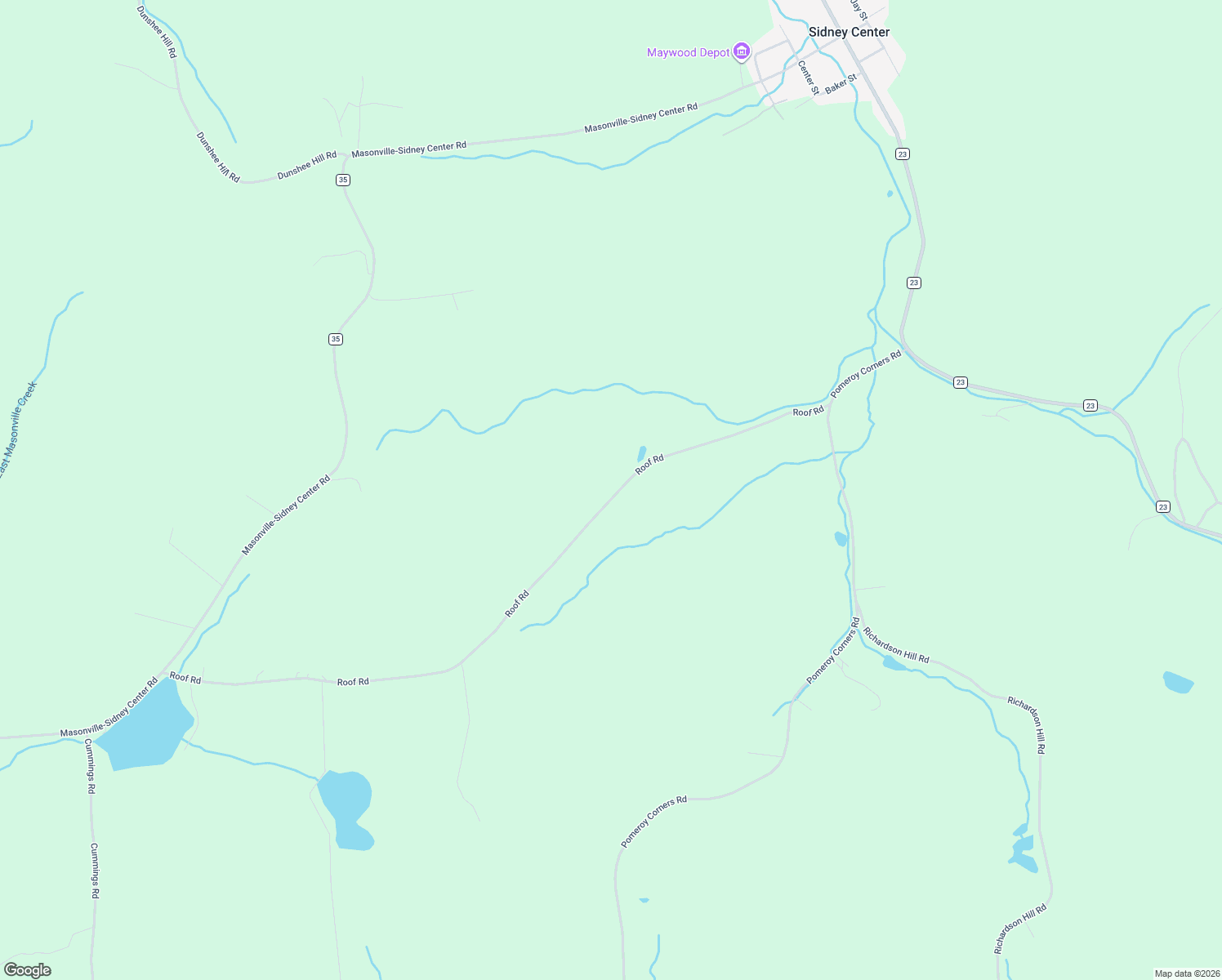 map of restaurants, bars, coffee shops, grocery stores, and more near 1421 Roof Road in Sidney Center
