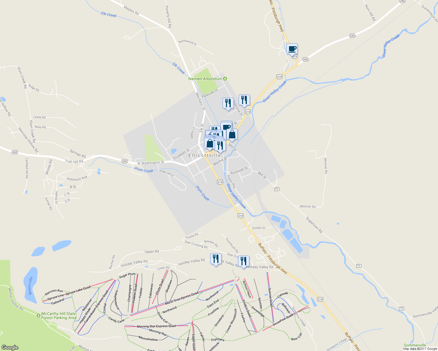 map of restaurants, bars, coffee shops, grocery stores, and more near 38 Jefferson Street in Ellicottville