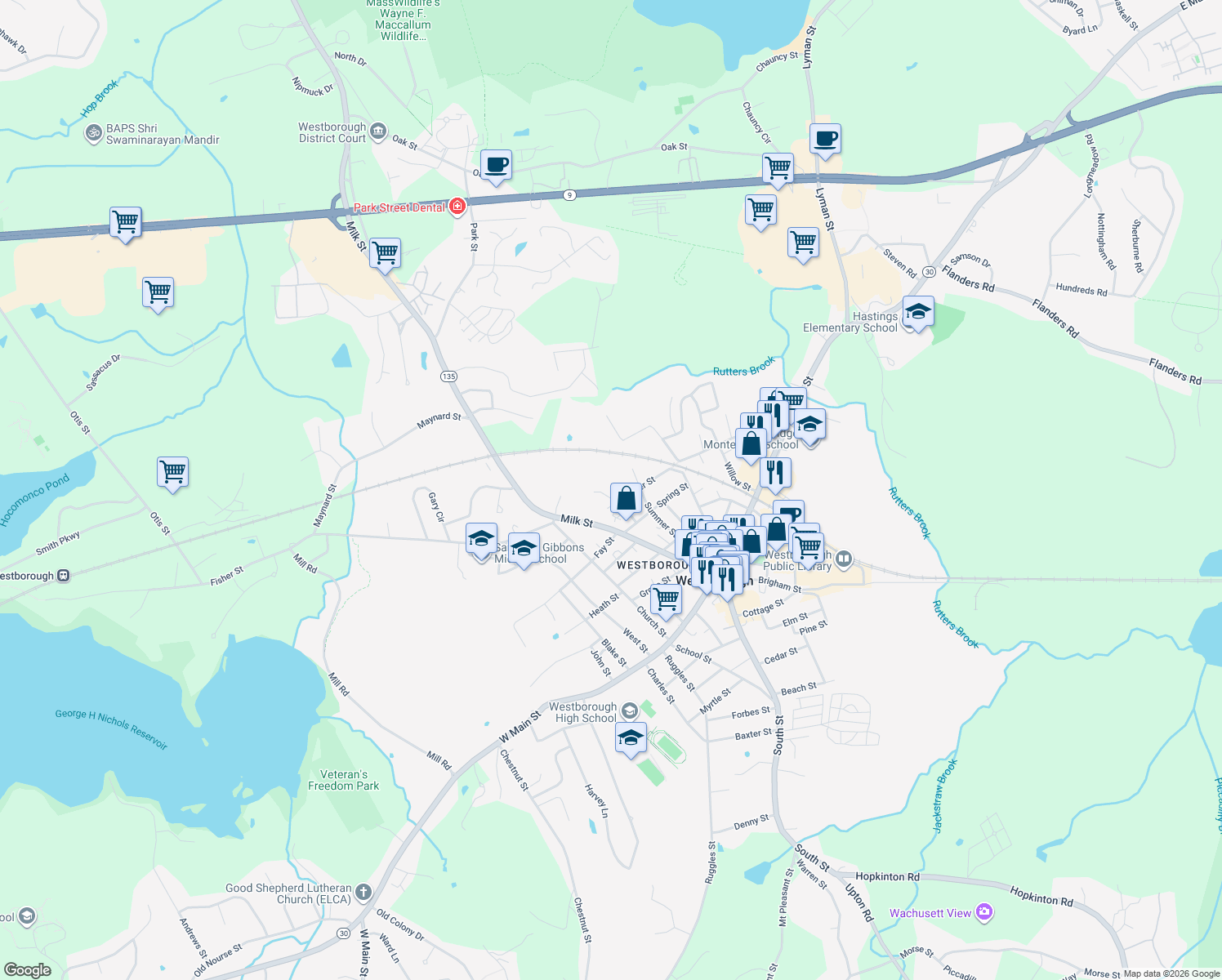 map of restaurants, bars, coffee shops, grocery stores, and more near 1 Janlyn Circle in Westborough