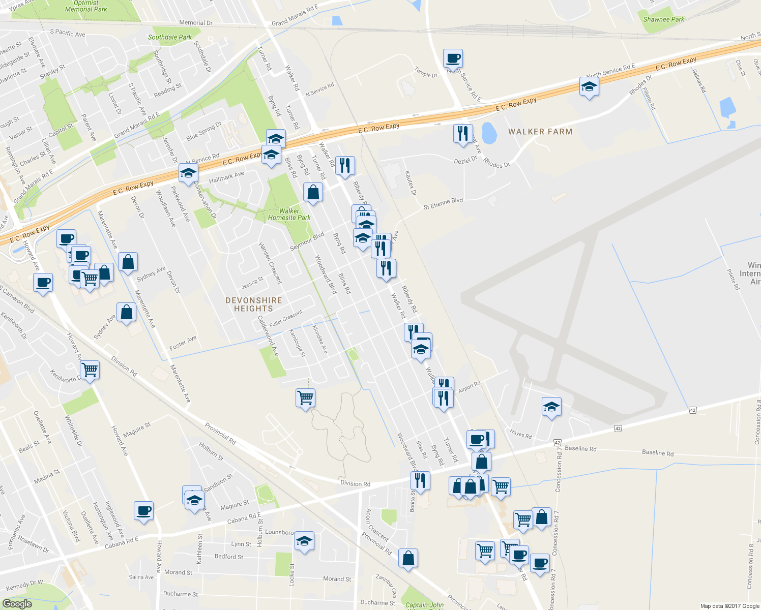 map of restaurants, bars, coffee shops, grocery stores, and more near 3531 Turner Road in Windsor