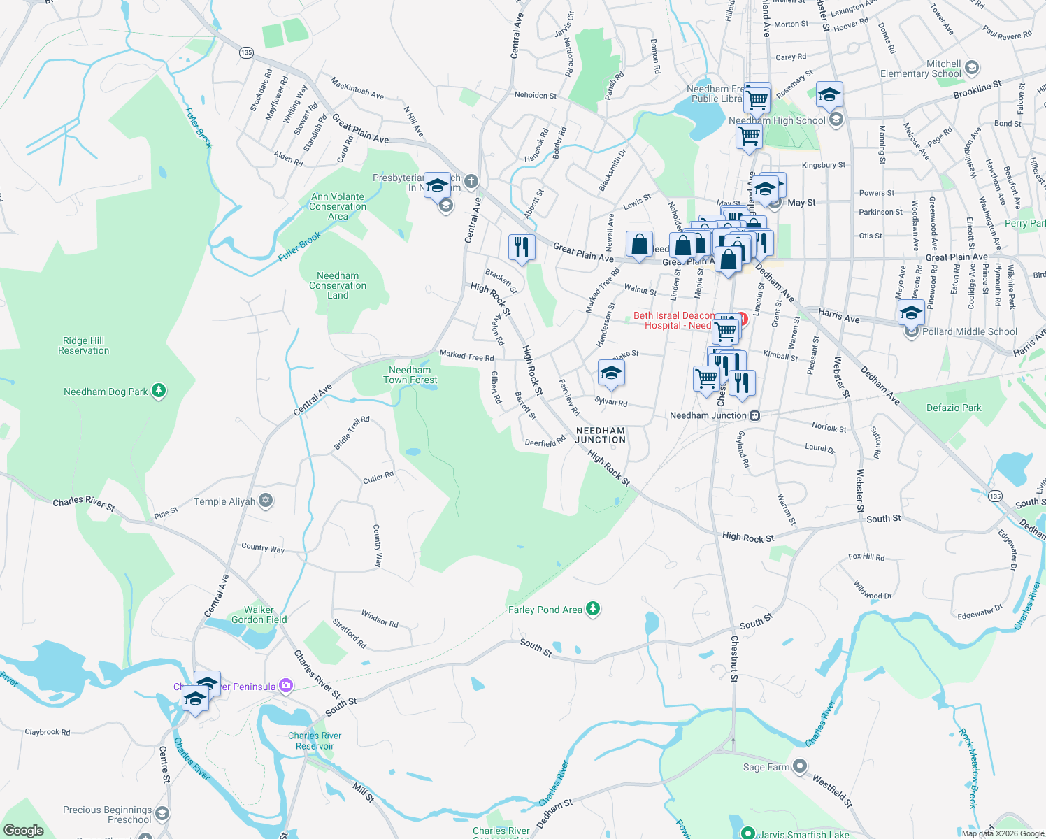 map of restaurants, bars, coffee shops, grocery stores, and more near 95 Deerfield Road in Needham
