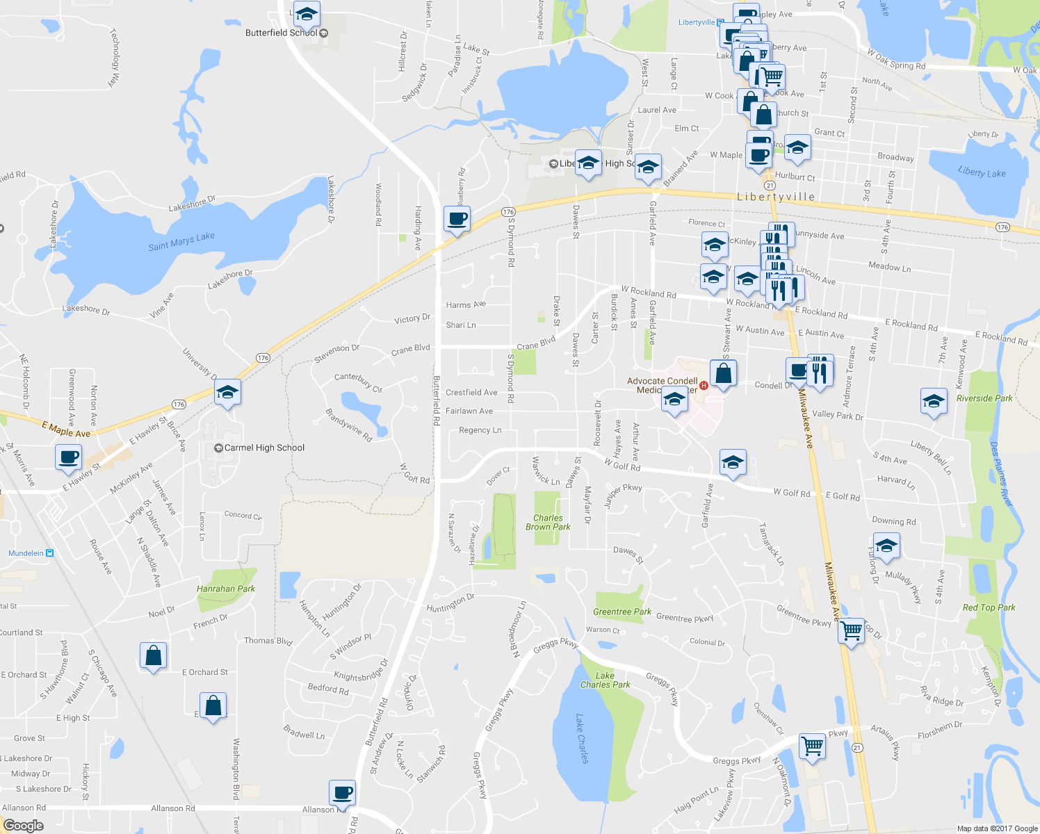 map of restaurants, bars, coffee shops, grocery stores, and more near 939 Fairlawn Avenue in Libertyville