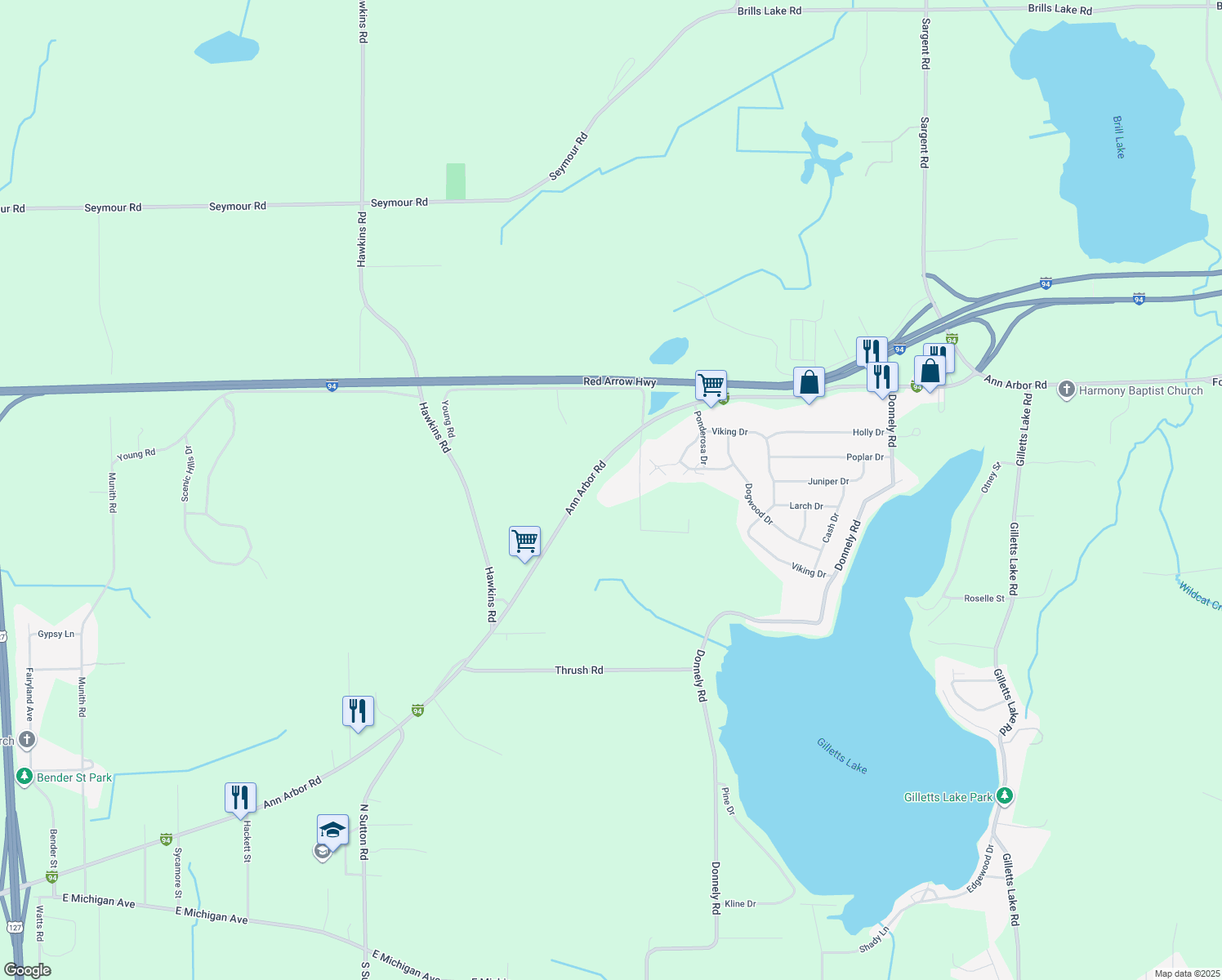 map of restaurants, bars, coffee shops, grocery stores, and more near 5025 Ann Arbor Road in Jackson