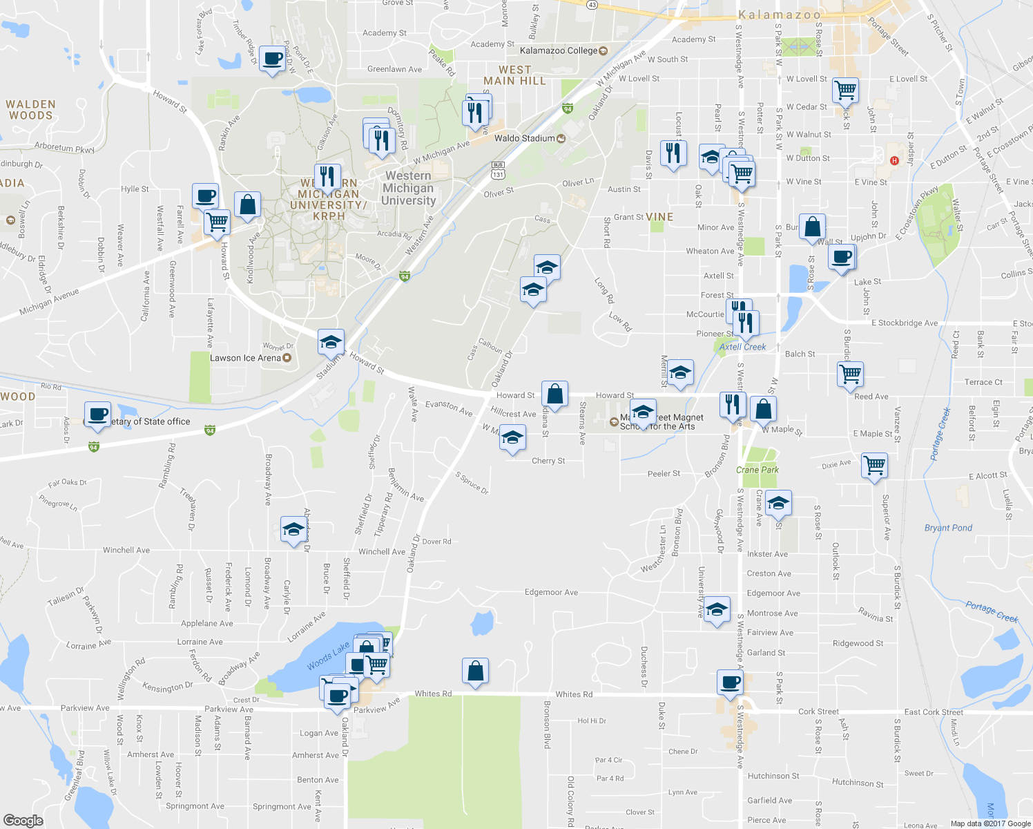 map of restaurants, bars, coffee shops, grocery stores, and more near 1341 Hillcrest Avenue in Kalamazoo