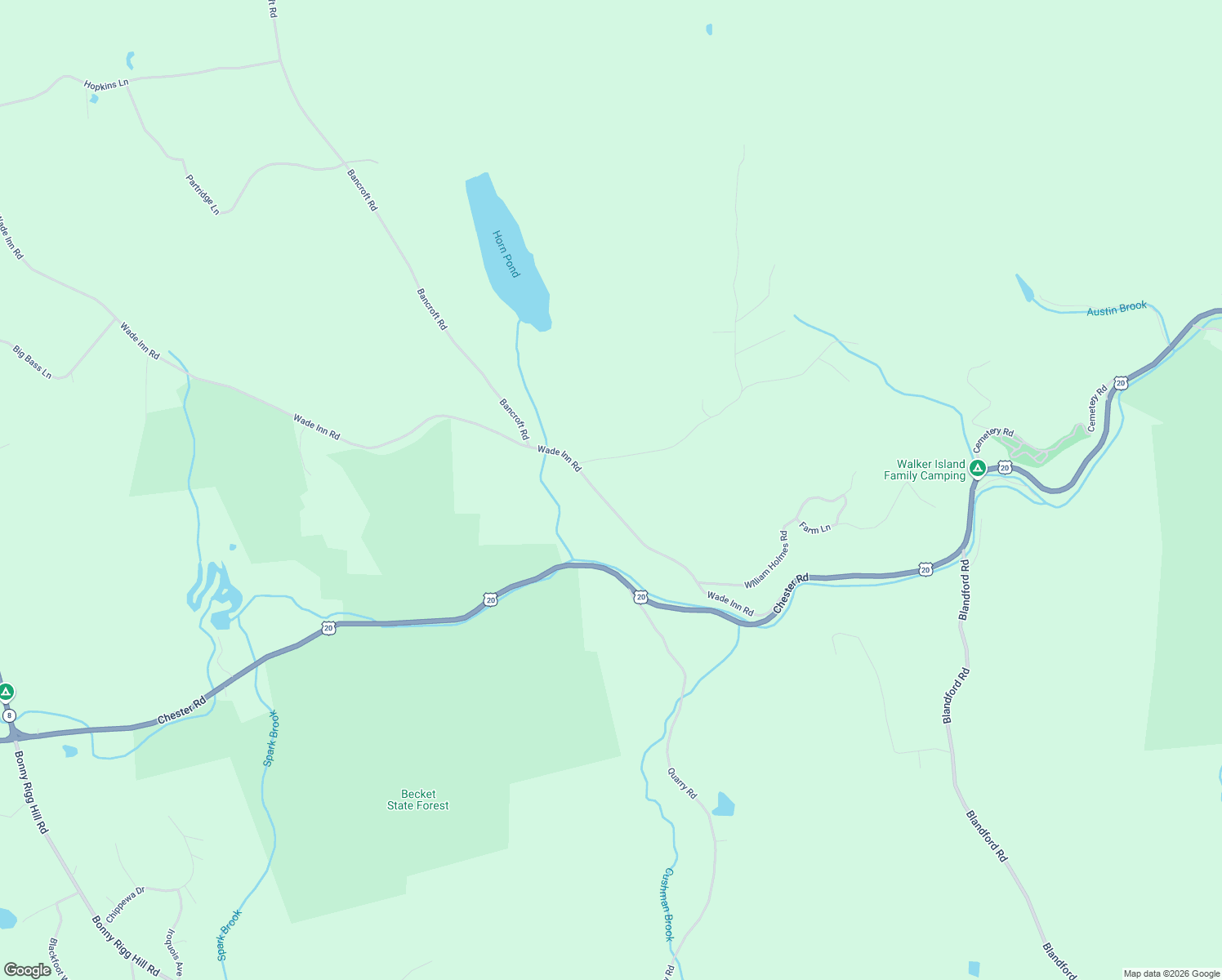 map of restaurants, bars, coffee shops, grocery stores, and more near 85 Wade Inn Road in Becket