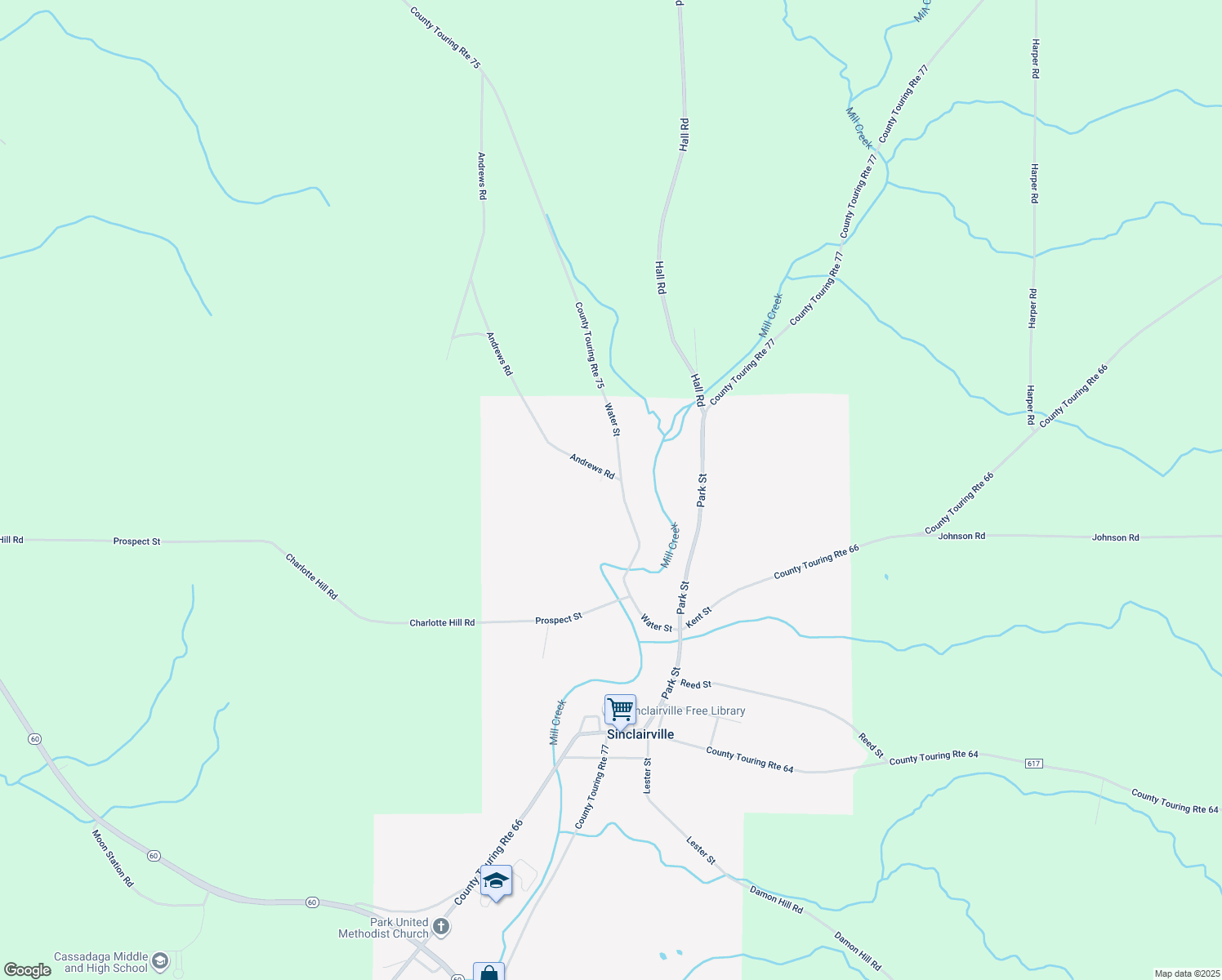 map of restaurants, bars, coffee shops, grocery stores, and more near 57 Water Street in Sinclairville