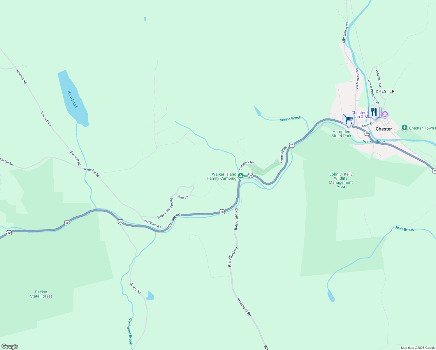 map of restaurants, bars, coffee shops, grocery stores, and more near Farm Lane in Becket