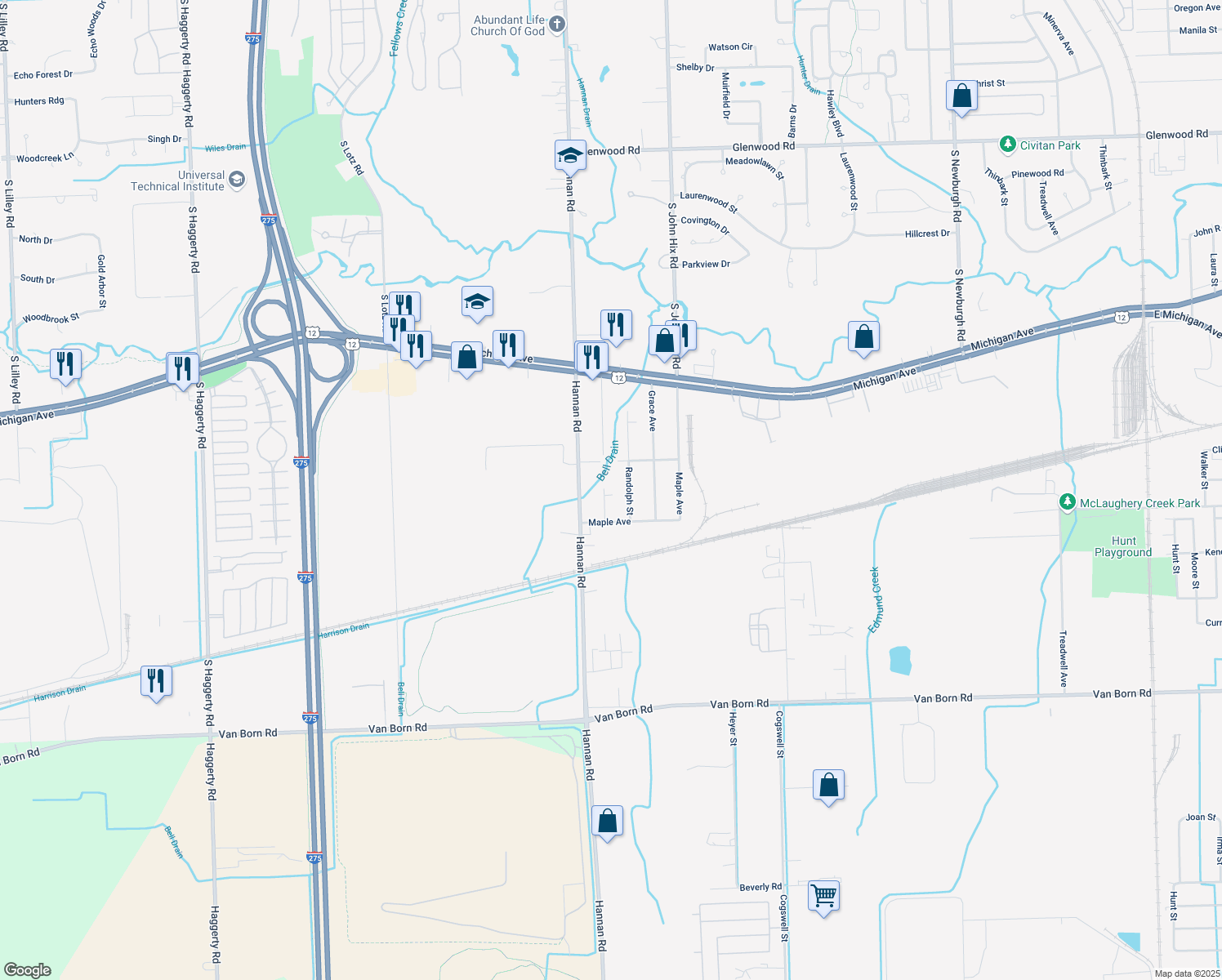 map of restaurants, bars, coffee shops, grocery stores, and more near 4371 Nyman Street in Wayne