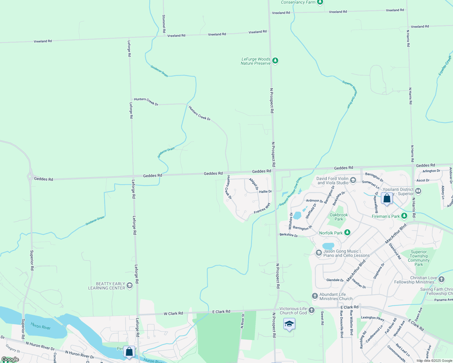 map of restaurants, bars, coffee shops, grocery stores, and more near 1989 Hunters Creek Drive in Superior charter Township