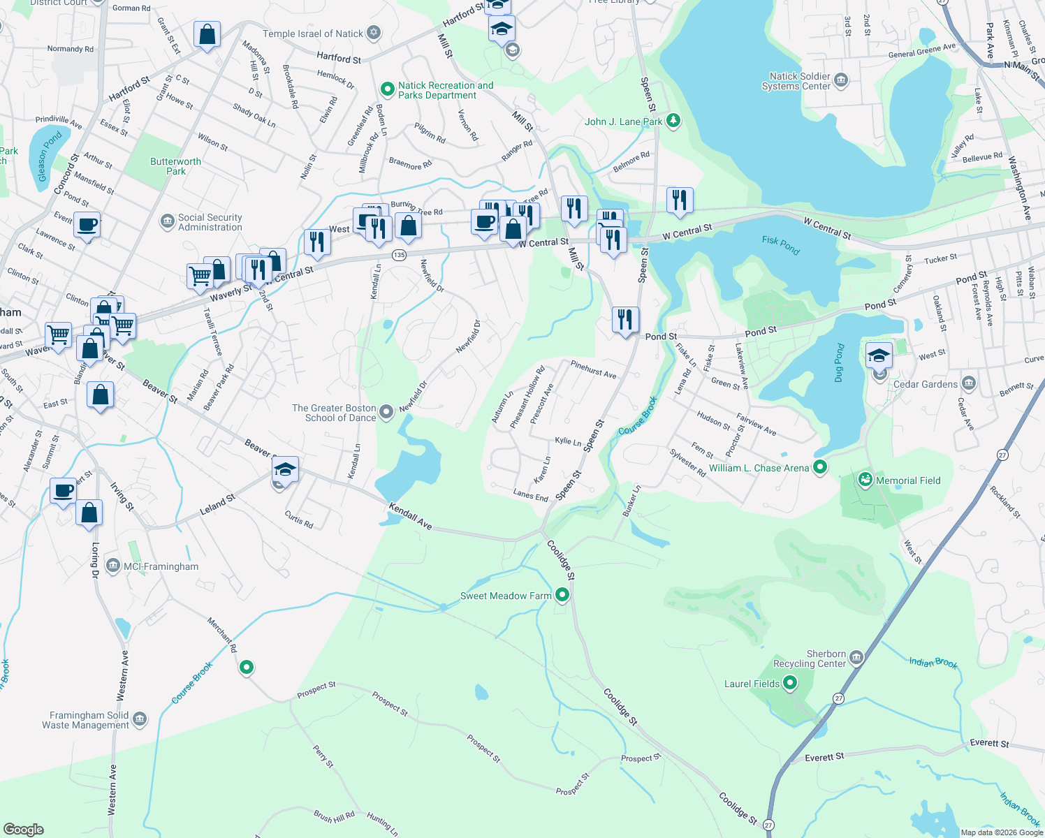 map of restaurants, bars, coffee shops, grocery stores, and more near 18 Pheasant Hollow Road in Natick