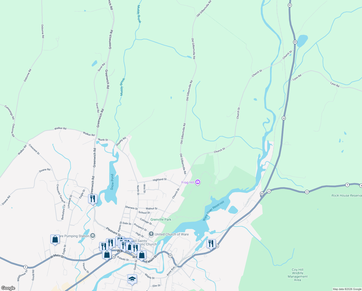 map of restaurants, bars, coffee shops, grocery stores, and more near 45 Old Gilbertville Road in Ware