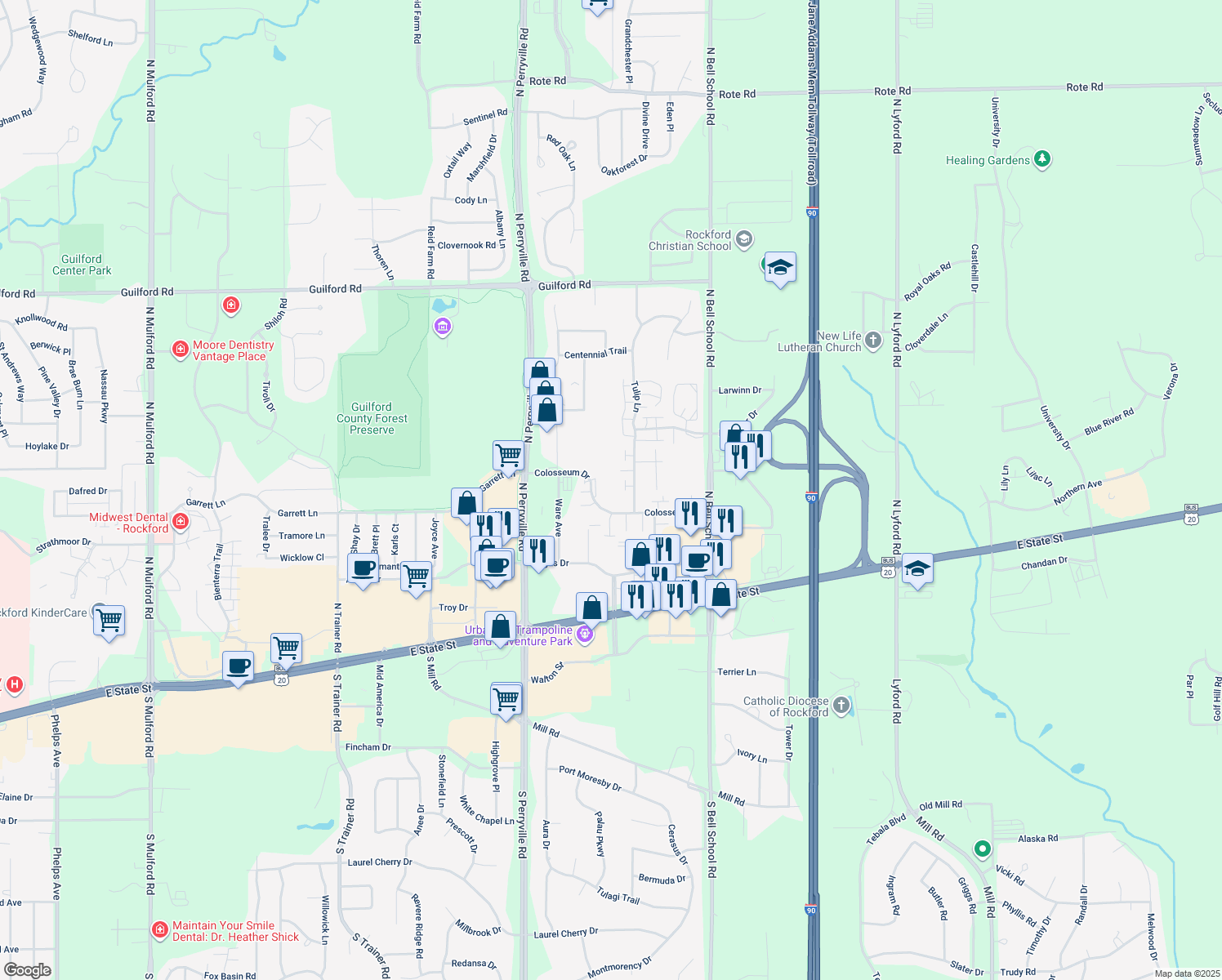 map of restaurants, bars, coffee shops, grocery stores, and more near 7230 Colosseum Dr in Rockford