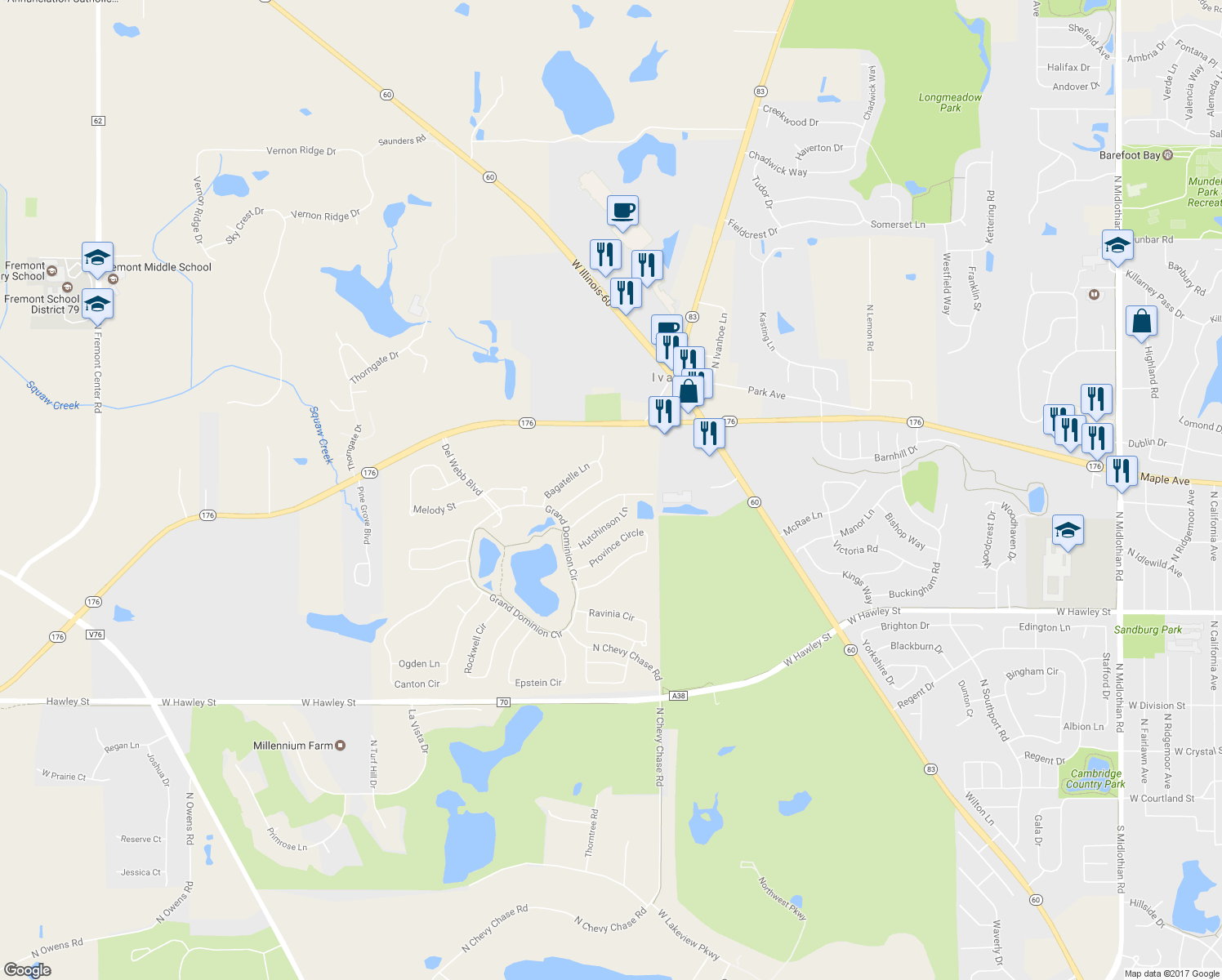 map of restaurants, bars, coffee shops, grocery stores, and more near 3224 Comstock Court in Mundelein
