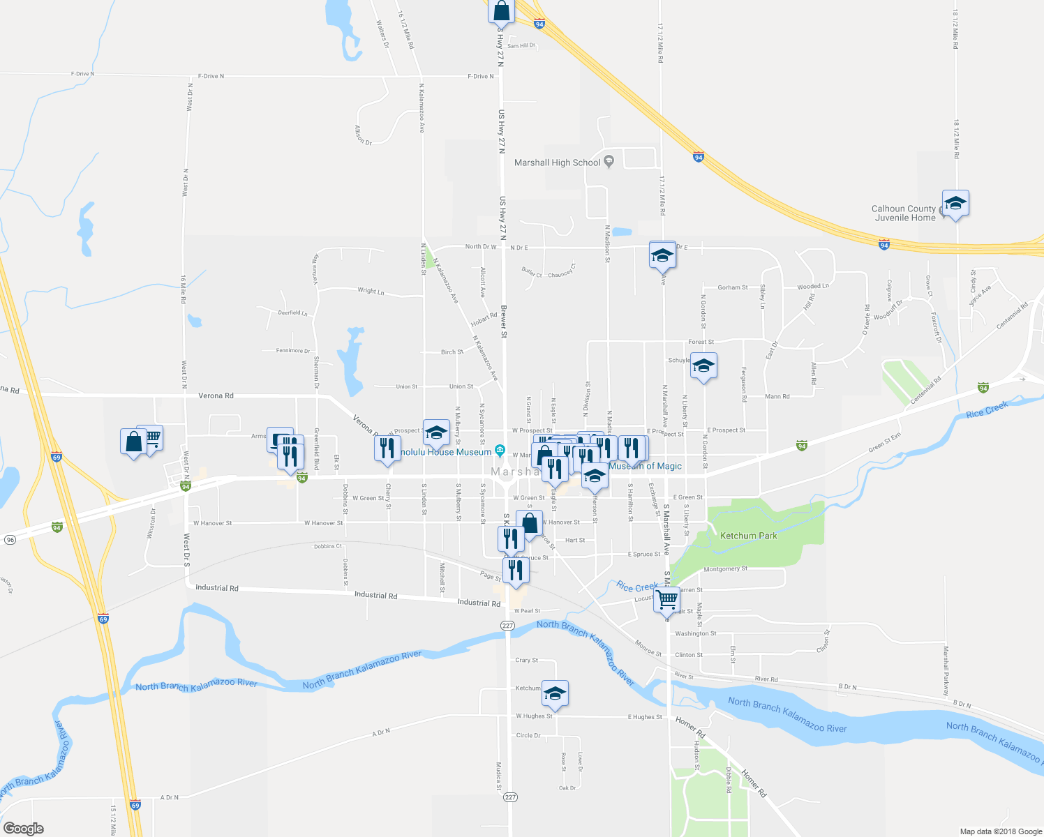map of restaurants, bars, coffee shops, grocery stores, and more near 311 North Grand Street in Marshall