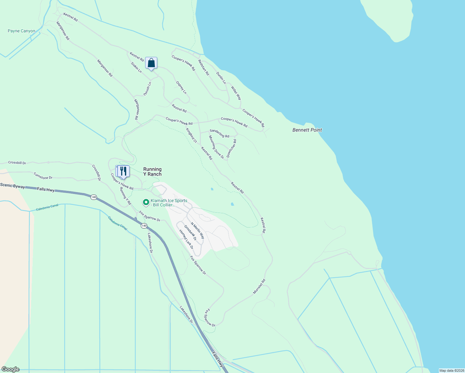 map of restaurants, bars, coffee shops, grocery stores, and more near 711 North 1st Street in Klamath Falls