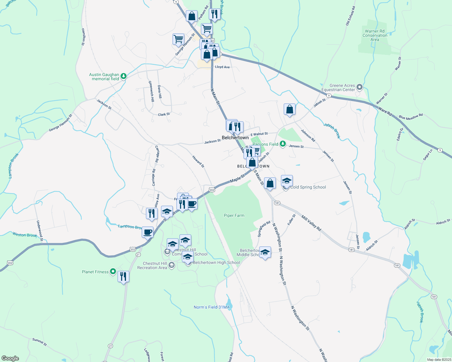 map of restaurants, bars, coffee shops, grocery stores, and more near 50 Maple Street in Belchertown