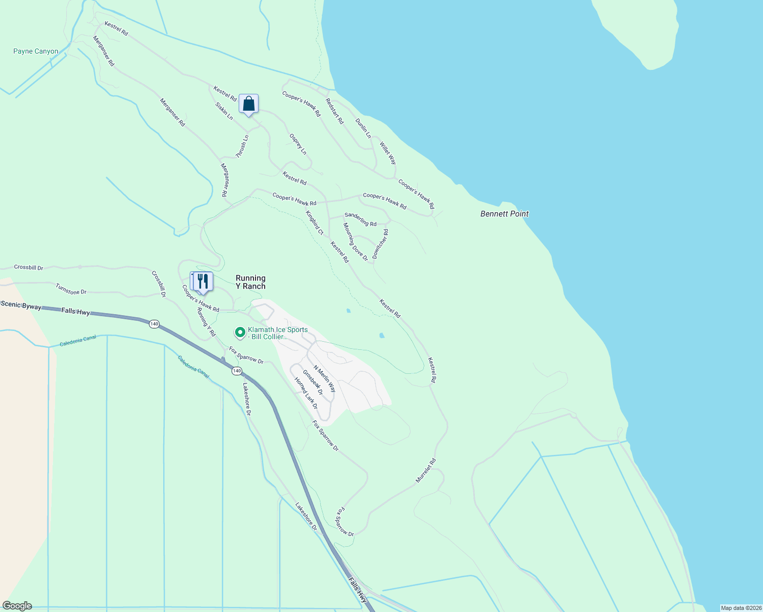 map of restaurants, bars, coffee shops, grocery stores, and more near 711 North 1st Street in Klamath Falls
