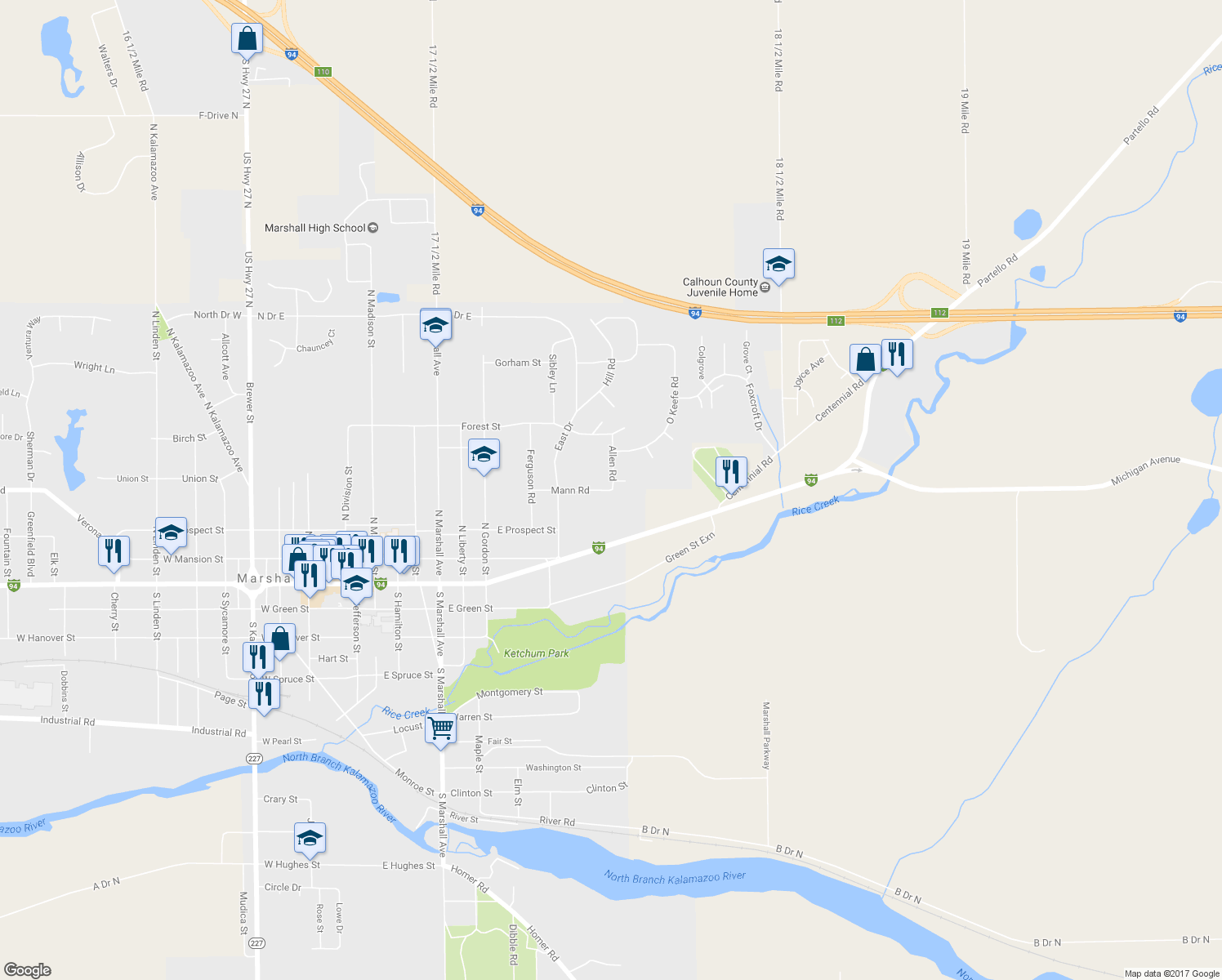 map of restaurants, bars, coffee shops, grocery stores, and more near 326 Allen Road in Marshall