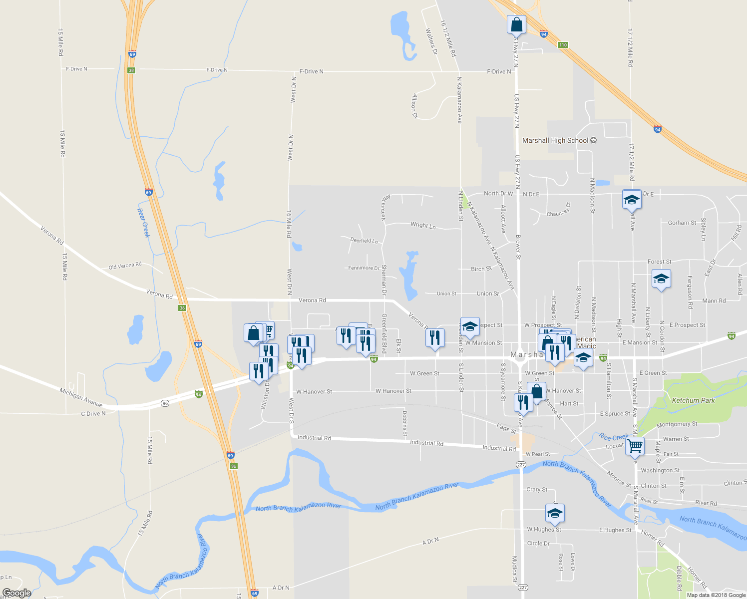 map of restaurants, bars, coffee shops, grocery stores, and more near 1006 Verona Road in Marshall