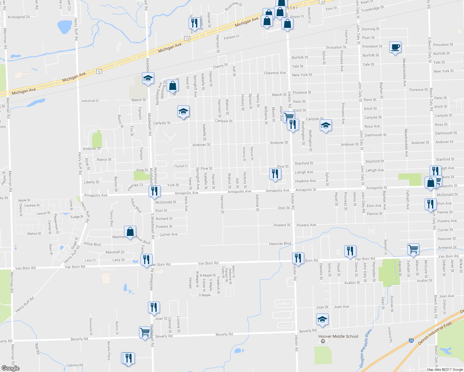 map of restaurants, bars, coffee shops, grocery stores, and more near 4567 Walnut Street in Inkster