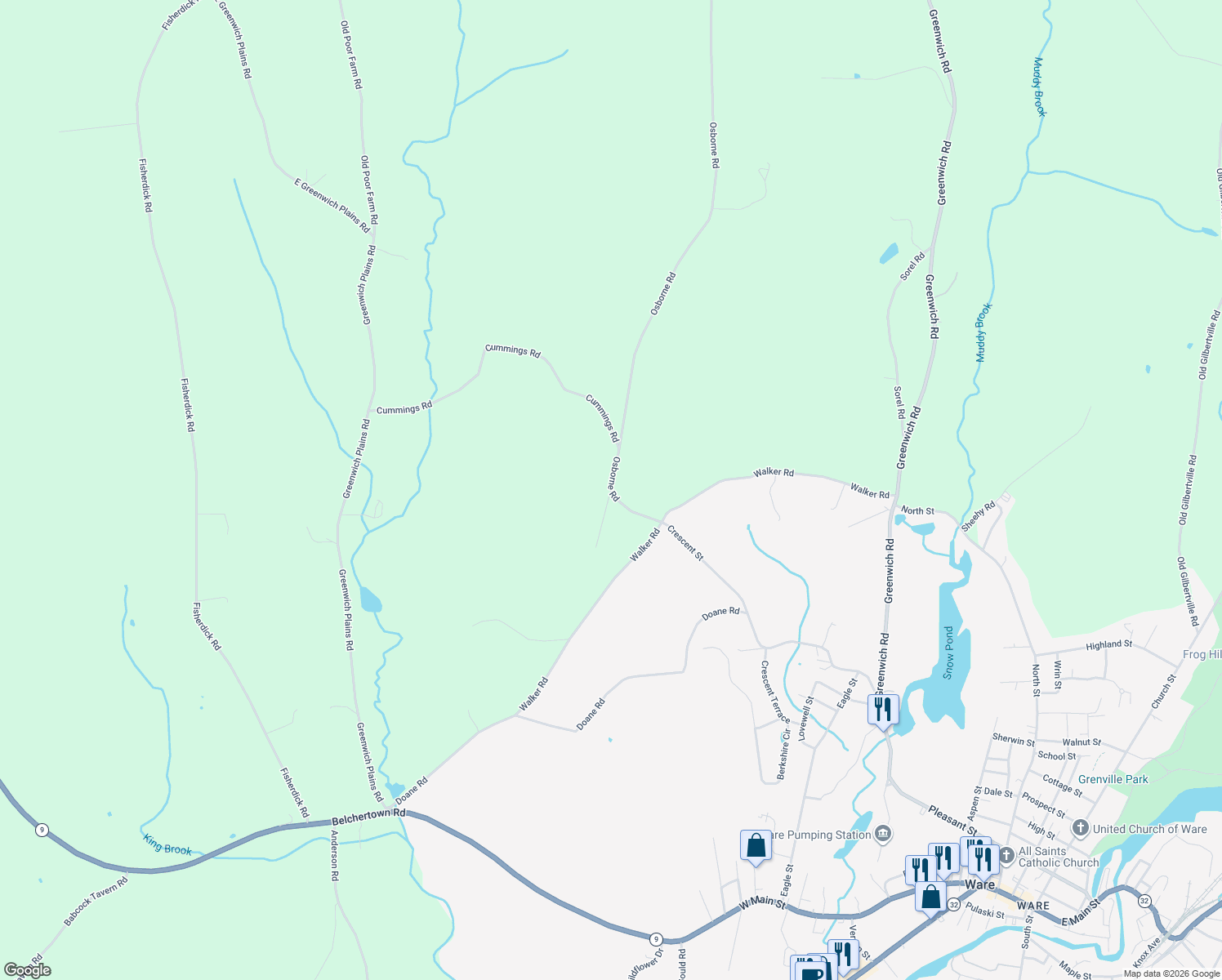 map of restaurants, bars, coffee shops, grocery stores, and more near 98 Winslow Road in Ware