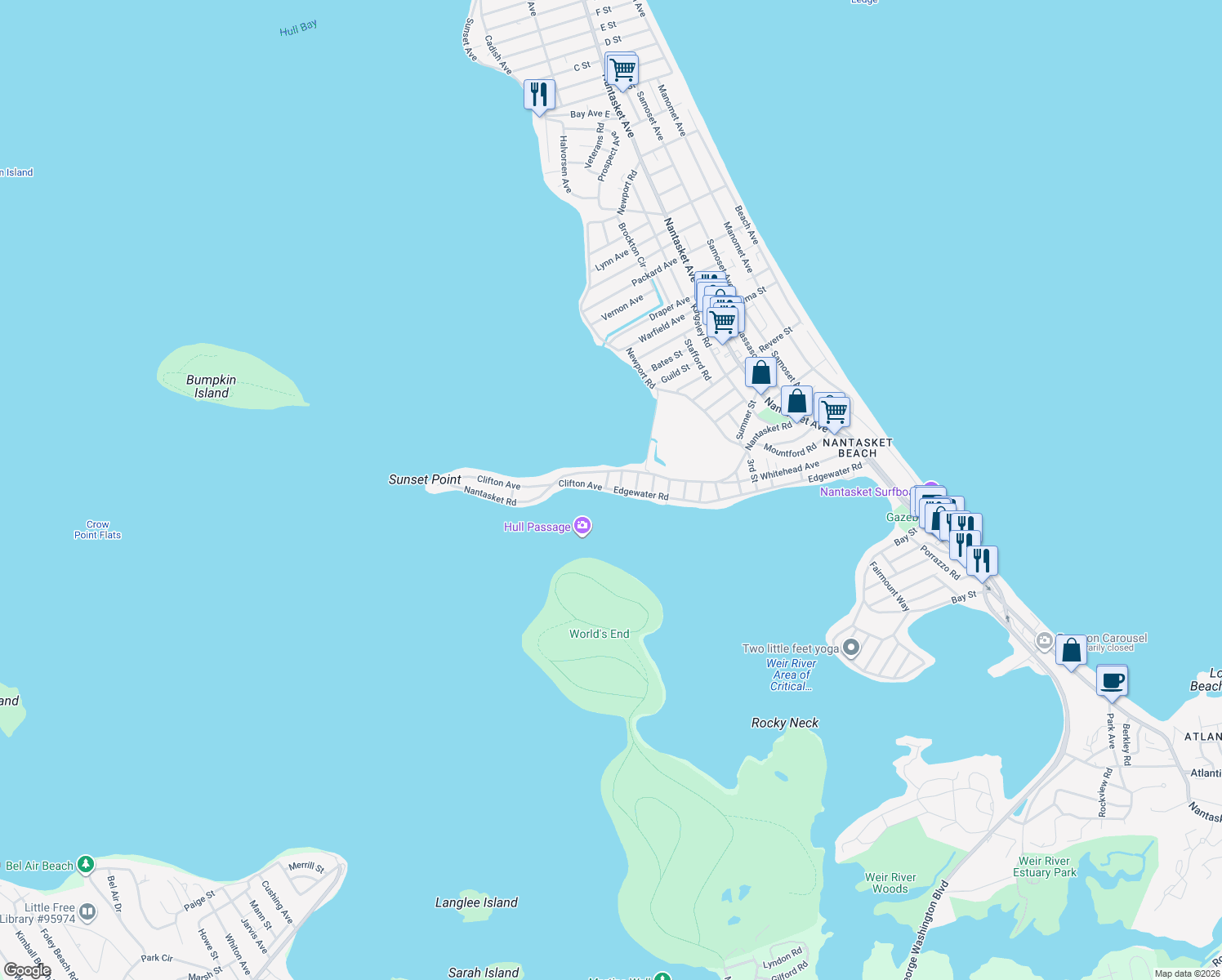 map of restaurants, bars, coffee shops, grocery stores, and more near 145 Edgewater Rd in Hull