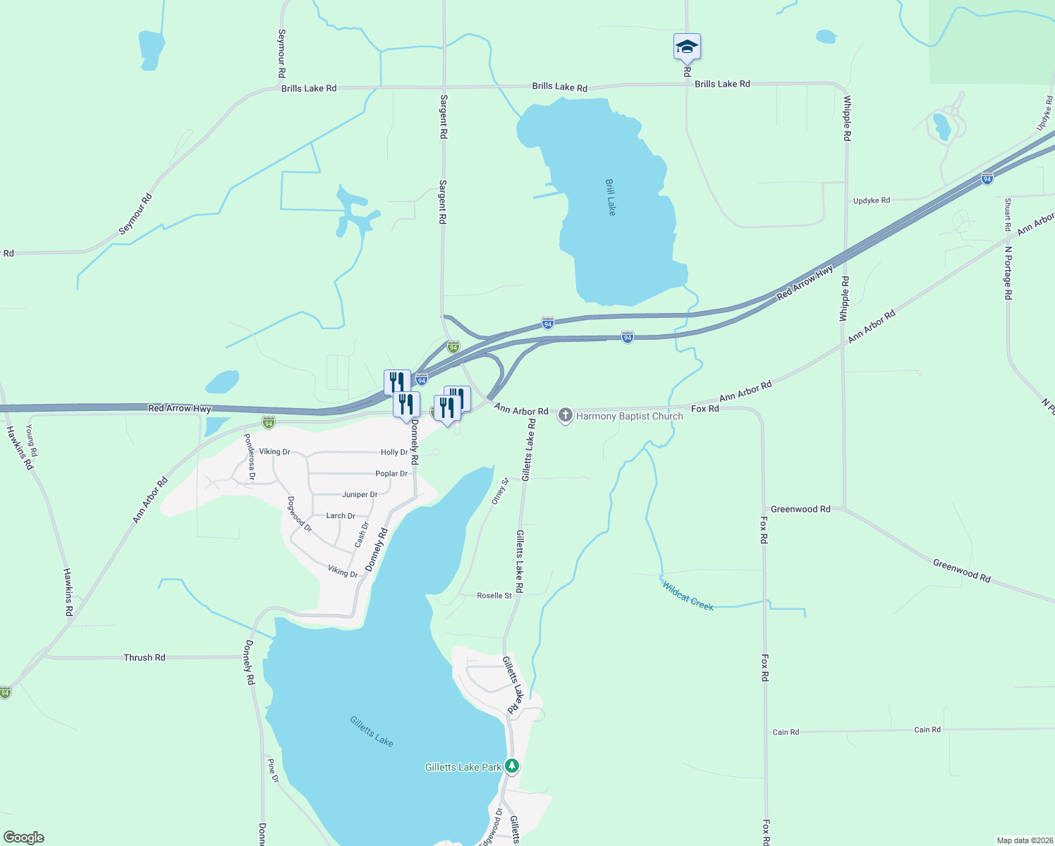 map of restaurants, bars, coffee shops, grocery stores, and more near 6315 Ann Arbor Road in Jackson