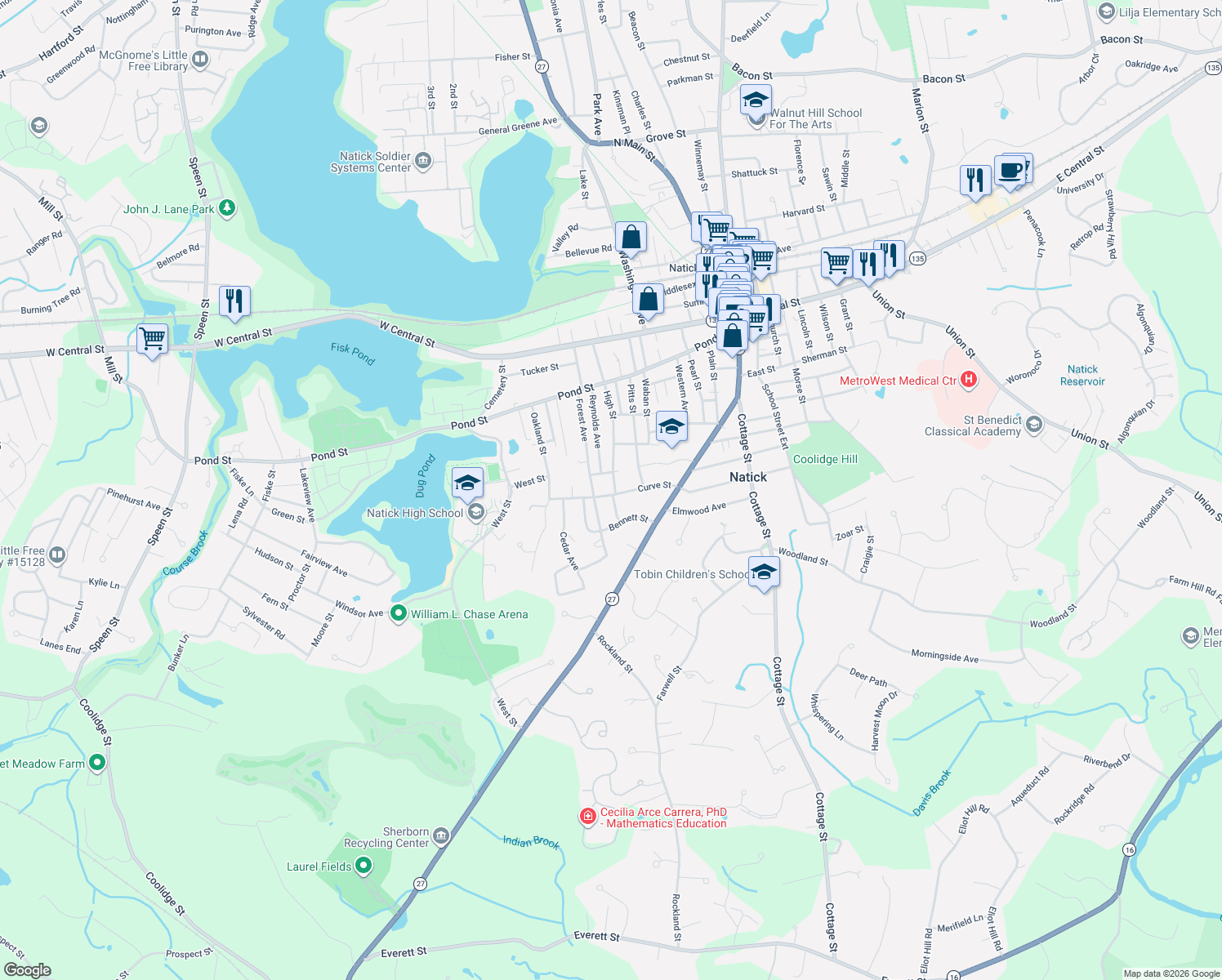 map of restaurants, bars, coffee shops, grocery stores, and more near 59 High Street in Natick